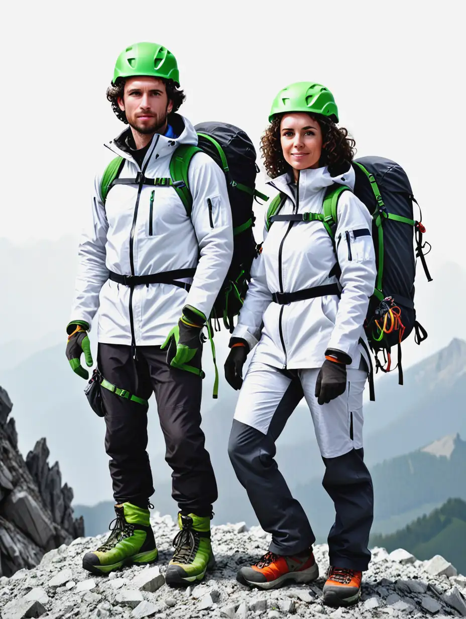 full body, a man (normal hair) and a woman (curly dark hair), climbers, full of gear, montain top, blank background, white coats, green helmets, black trousers, high definition