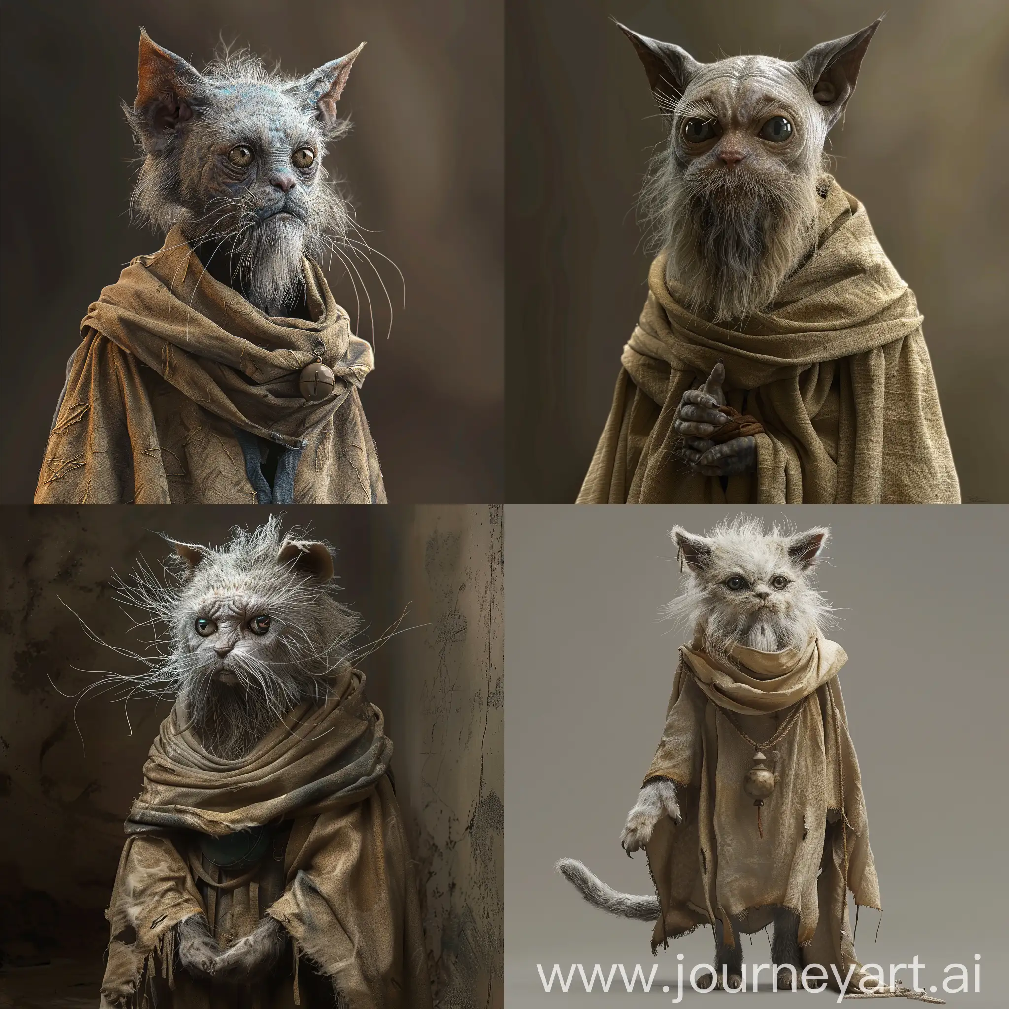 Elderly-Alien-Cat-in-Beige-Poncho-with-Long-Gray-Hair