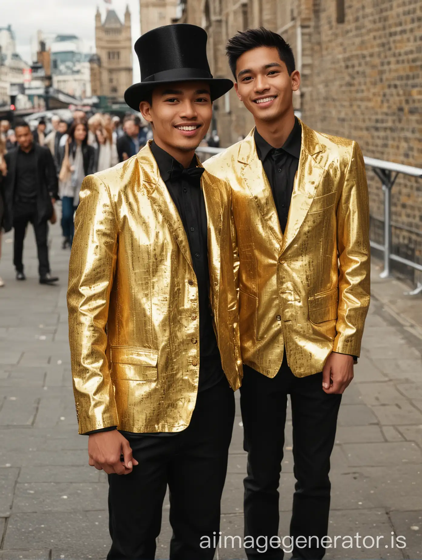 medium shot of gorgeous slim filipino man age 20, he wears a shiny gold foil jacket, black shirt and top hat, he stands at london bridge, he holds hands with another guy, vibrant colour