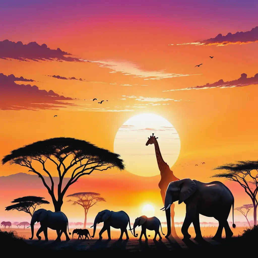 Illustrate an image of  a bright, colorful sunrise over the African savannah. Silhouettes of various African animals (elephants, giraffes, lions) are seen on the horizon. 