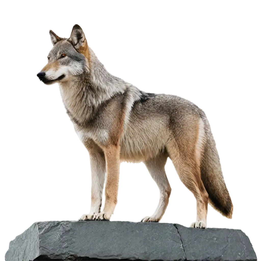 A wolf standing on all fours on a flat black stone