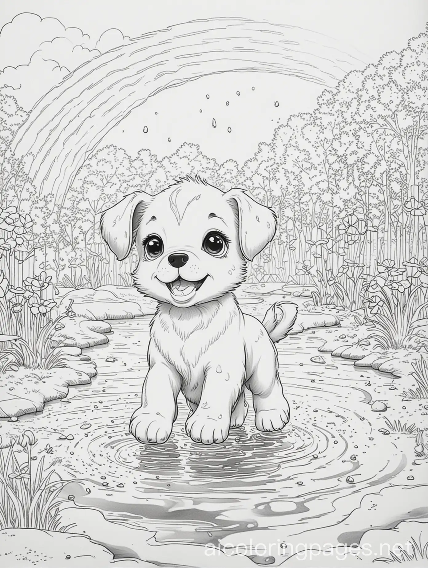 Playful-Puppy-Splashing-Under-Rainbow-in-Sunny-Park-Scene-Coloring-Page