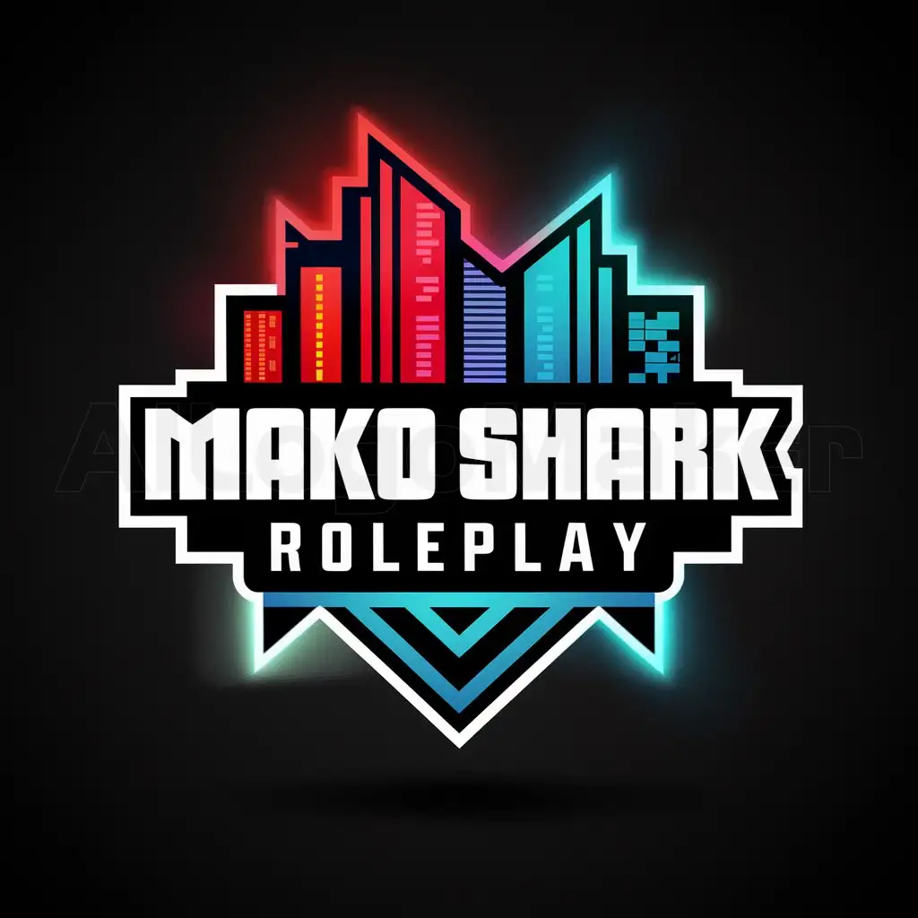 a logo design,with the text "Mako Shark Roleplay", main symbol:Colour modern city with red and blue lights for a grand theft auto roleplay server,Moderate,be used in Gaming industry,clear background