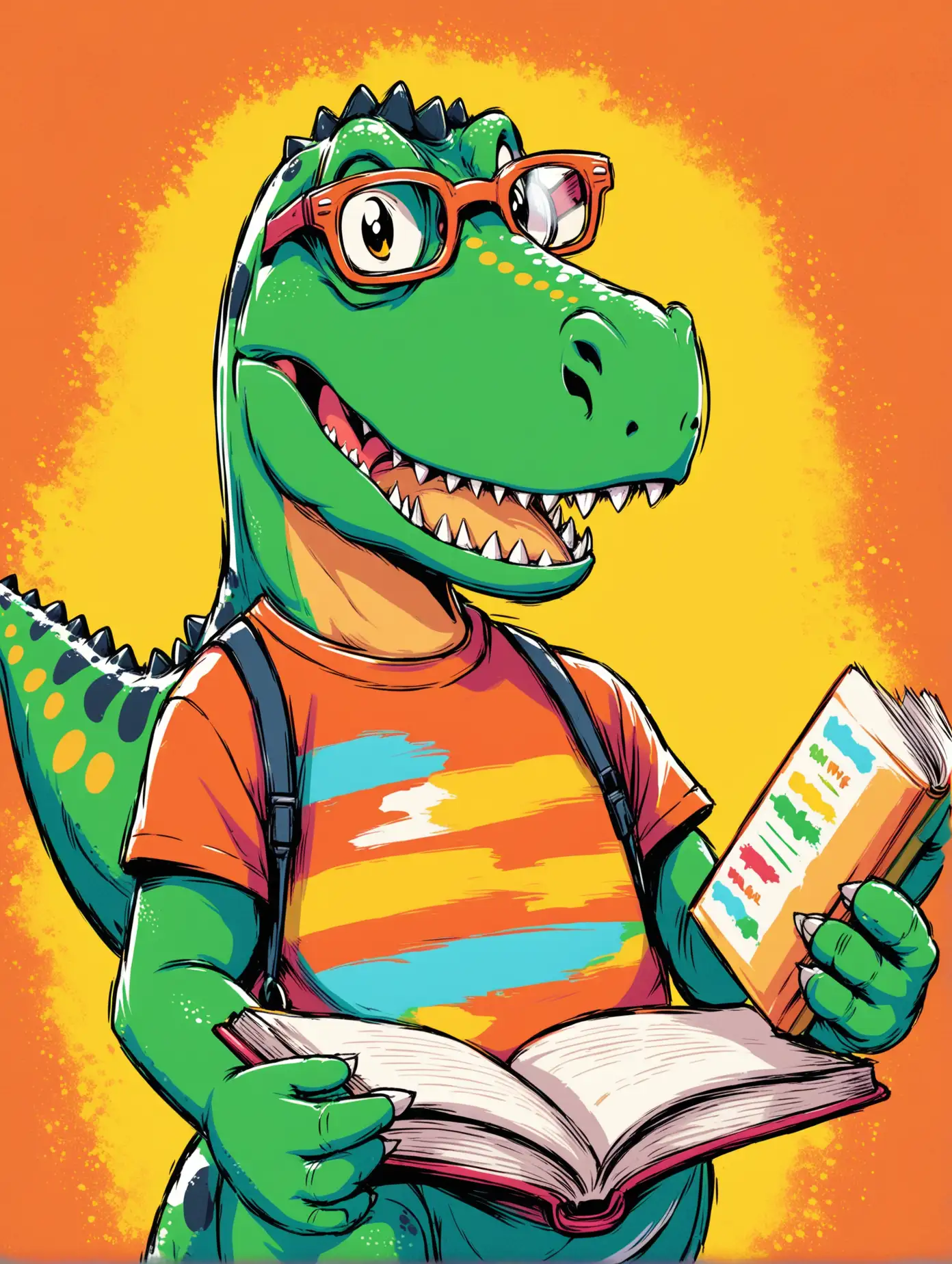 painting of a T-Rex Dinosaur wearing reading glasses and holding a book with a smug expression on his face, in the style of a boy's graphic tee art, naive, childish, playful, fun and colorful