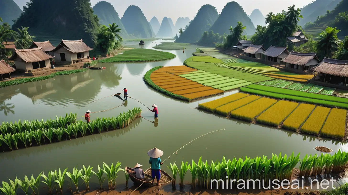 A peaceful scene of villagers farming and fishing in harmony with nature, symbolizing prosperity.