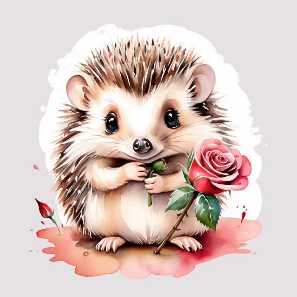 Adorable Hedgehog Holding a Rose in Watercolor