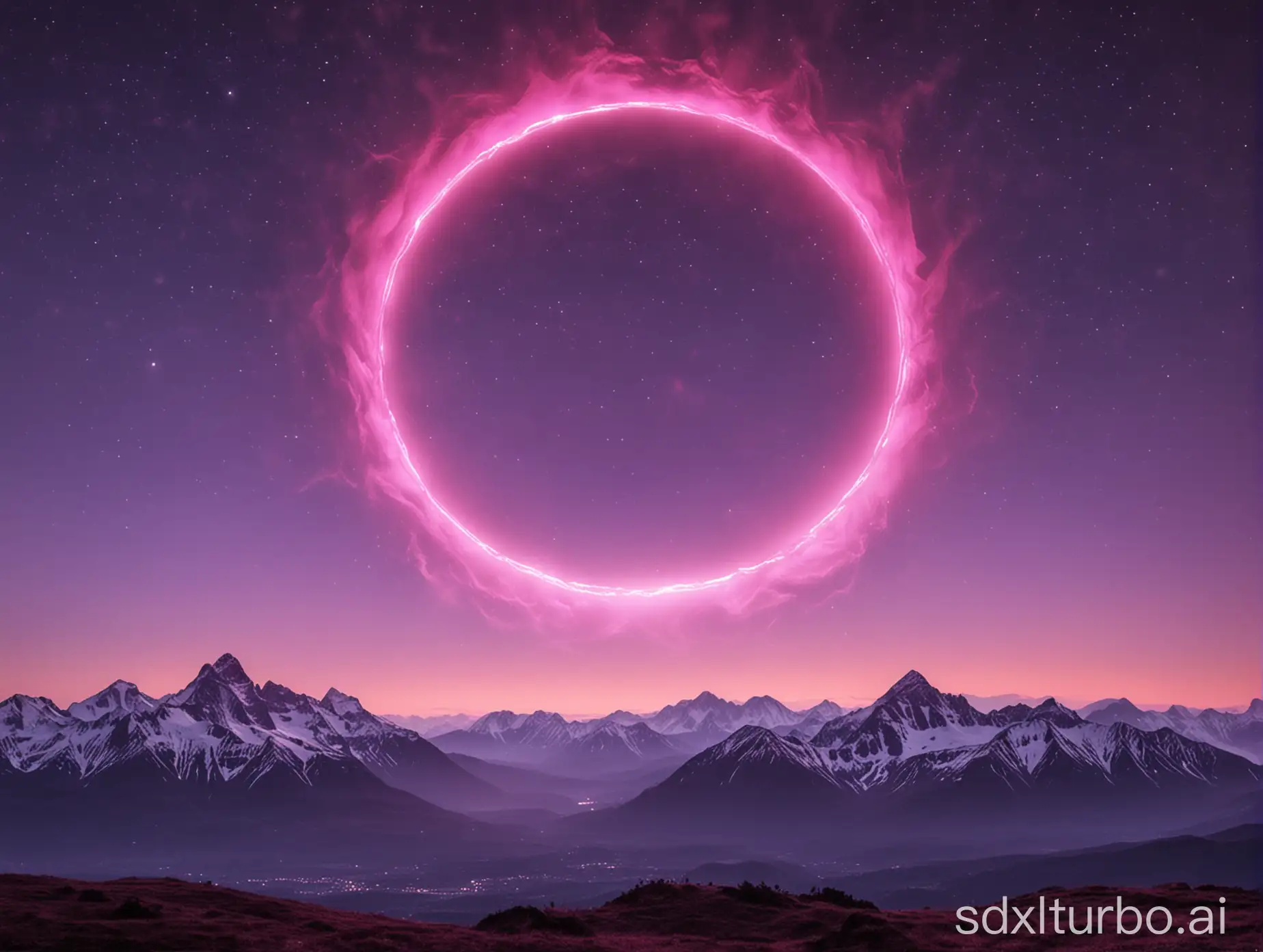 purple sky with a glowing pink ring around a central point. The ring is made up of a bright inner circle and a fainter outer circle. The sky is darkest at the top and fades to a lighter purple at the bottom. There is a mountain range in the foreground, which is also purple. The mountains are silhouetted against the sky