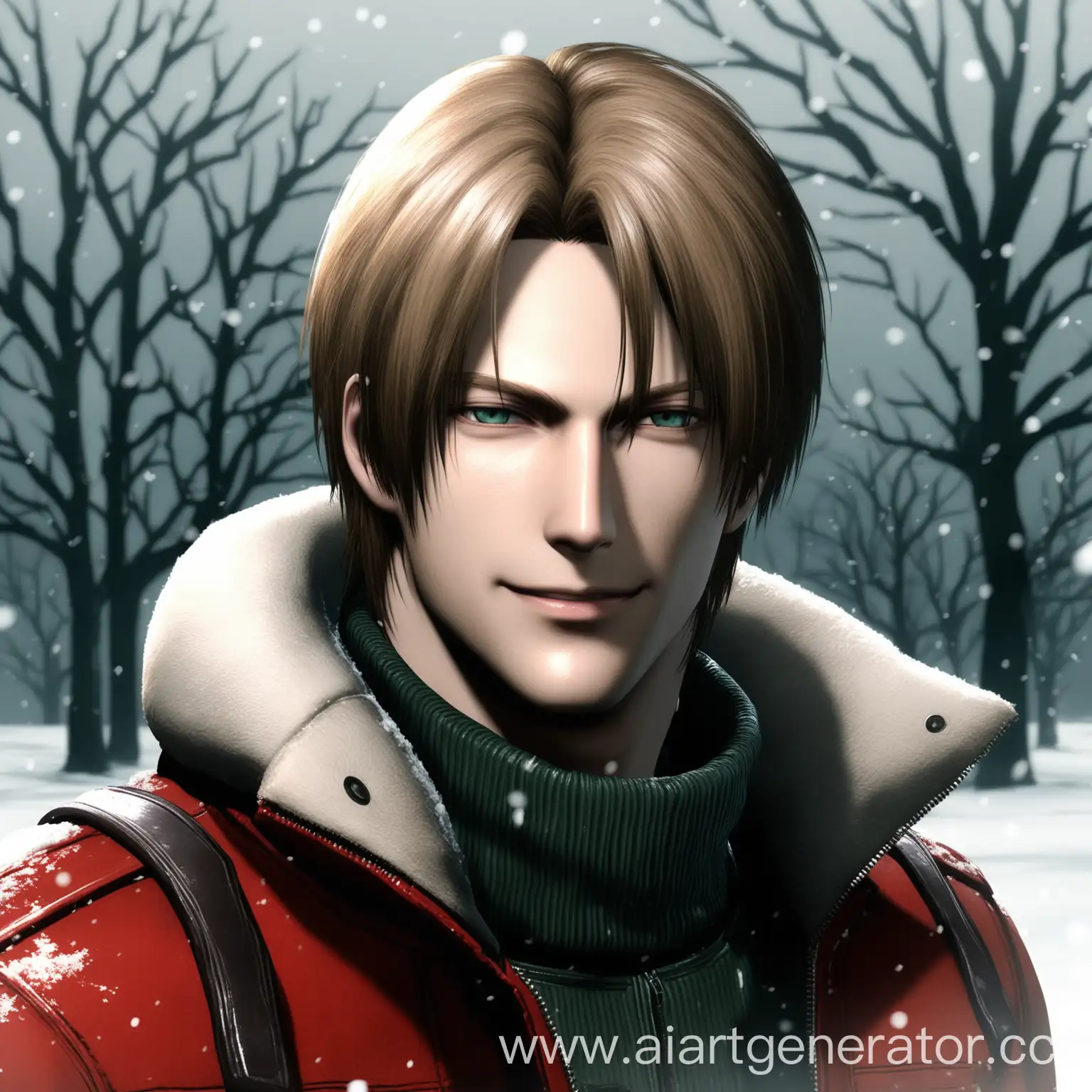 Leon Scott Kennedy is looking right at us, smiling softly, it's winter everywhere, his face is a little red from the cold, he's wearing a jacket