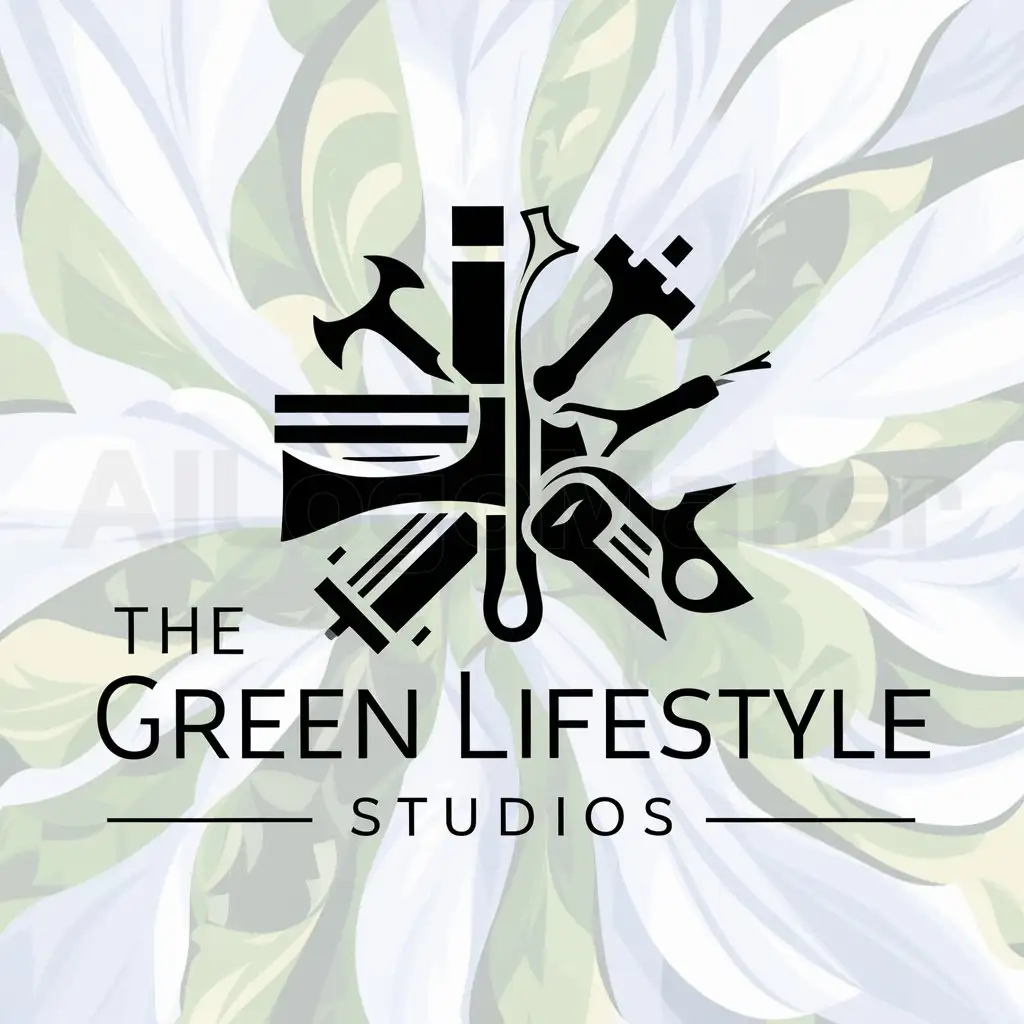 a logo design,with the text 'The Green Lifestyle Studios', main symbol:Upholstery tools,complex,be used in upholstery industry, green background