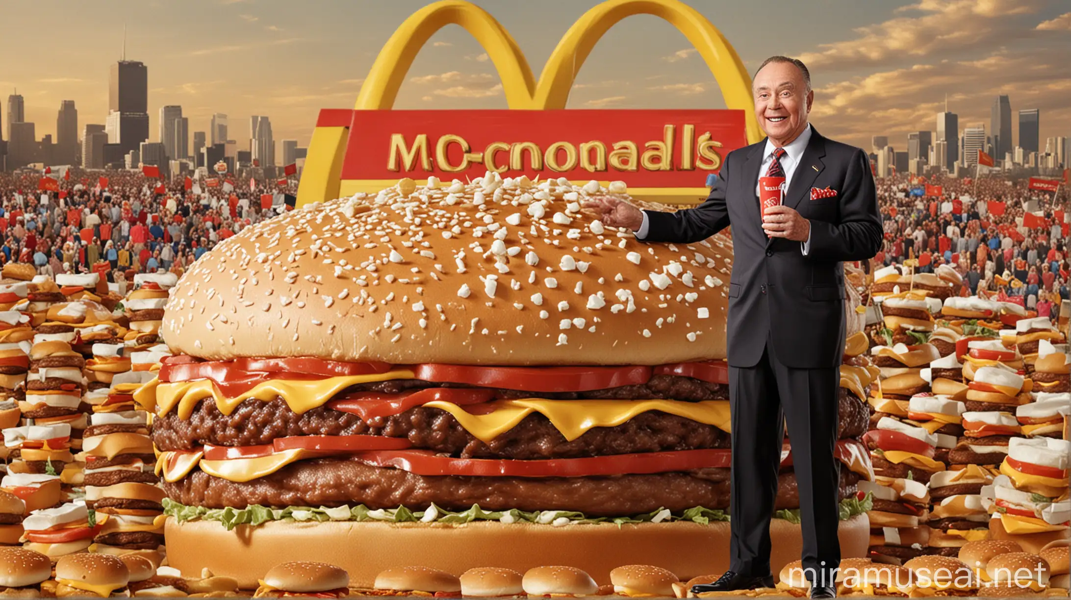Ray Kroc Standing on Giant McDonald Burger with McDonalds Stores Background