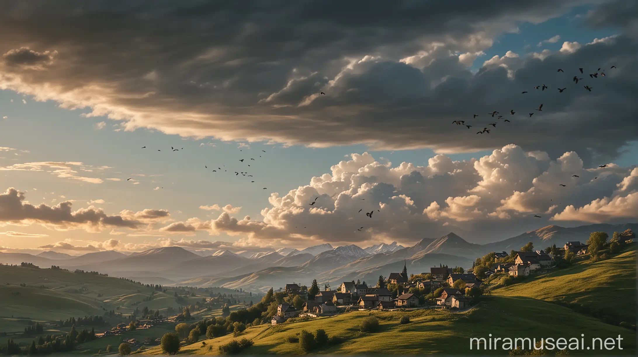 Tranquil Mountain Village Landscape with Soaring Birds Serene Beauty in Rolling Hills