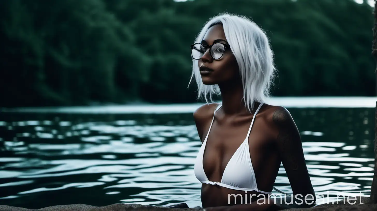 Serenity at Night DarkSkinned Woman in White Swimsuit by Lake and Waterfall