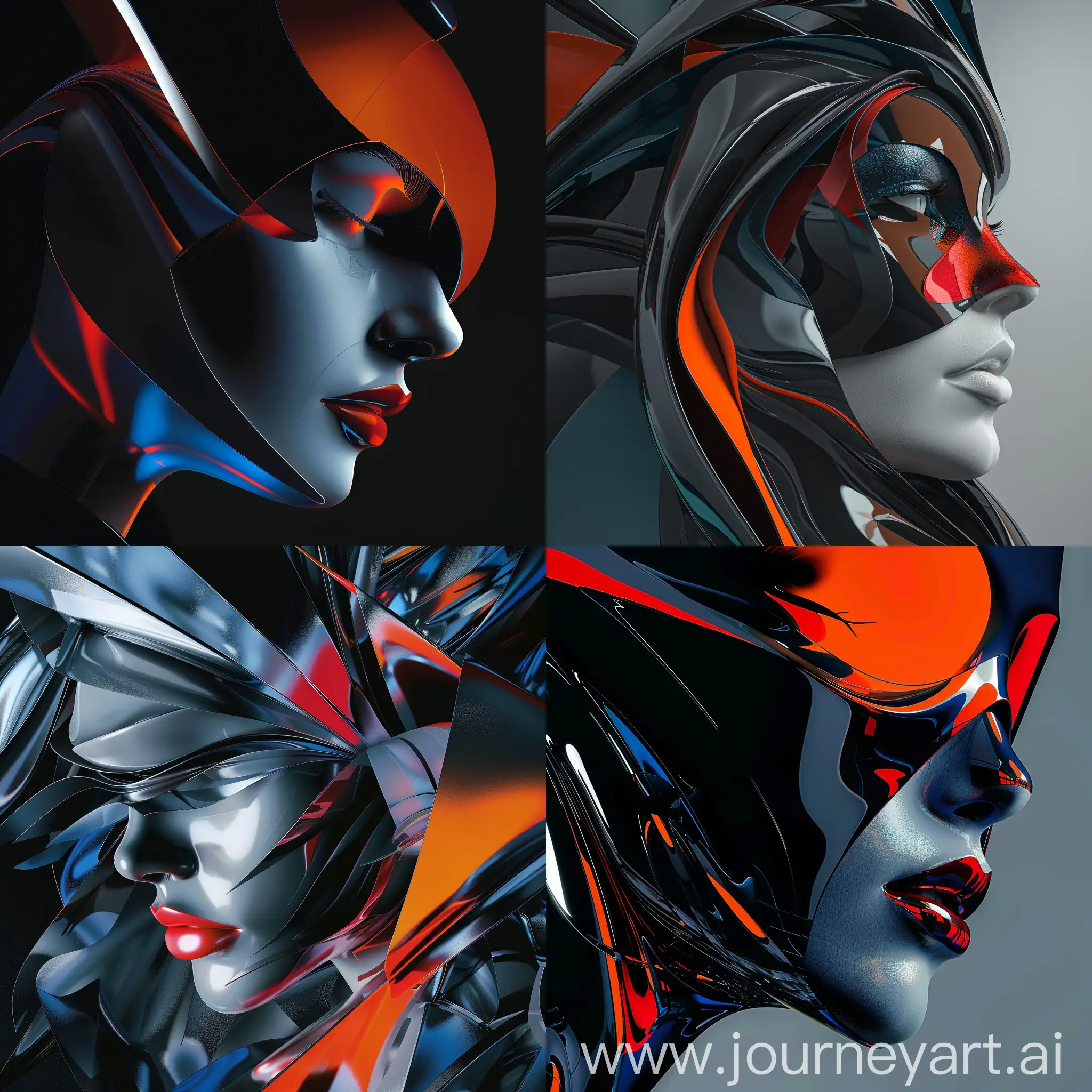  modern abstract design portrait woman with red, black and blue colors, in 3d style, chrome highlights, intense close-ups, Naum Gabo, subtle tonal changes, dark silver and orange, details hyper realistic 