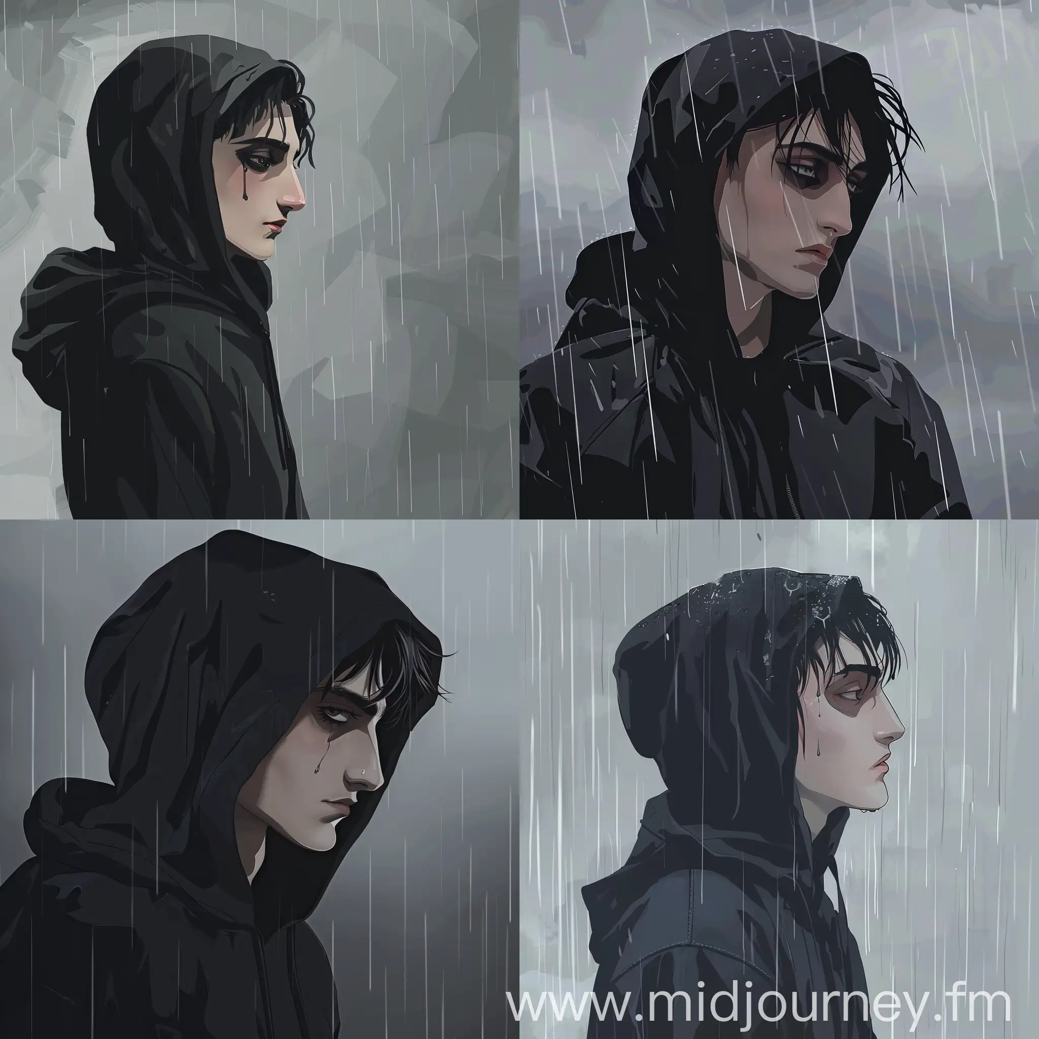 Mysterious Anime Boy in Black Hoodie Amidst Rain JourneyArt