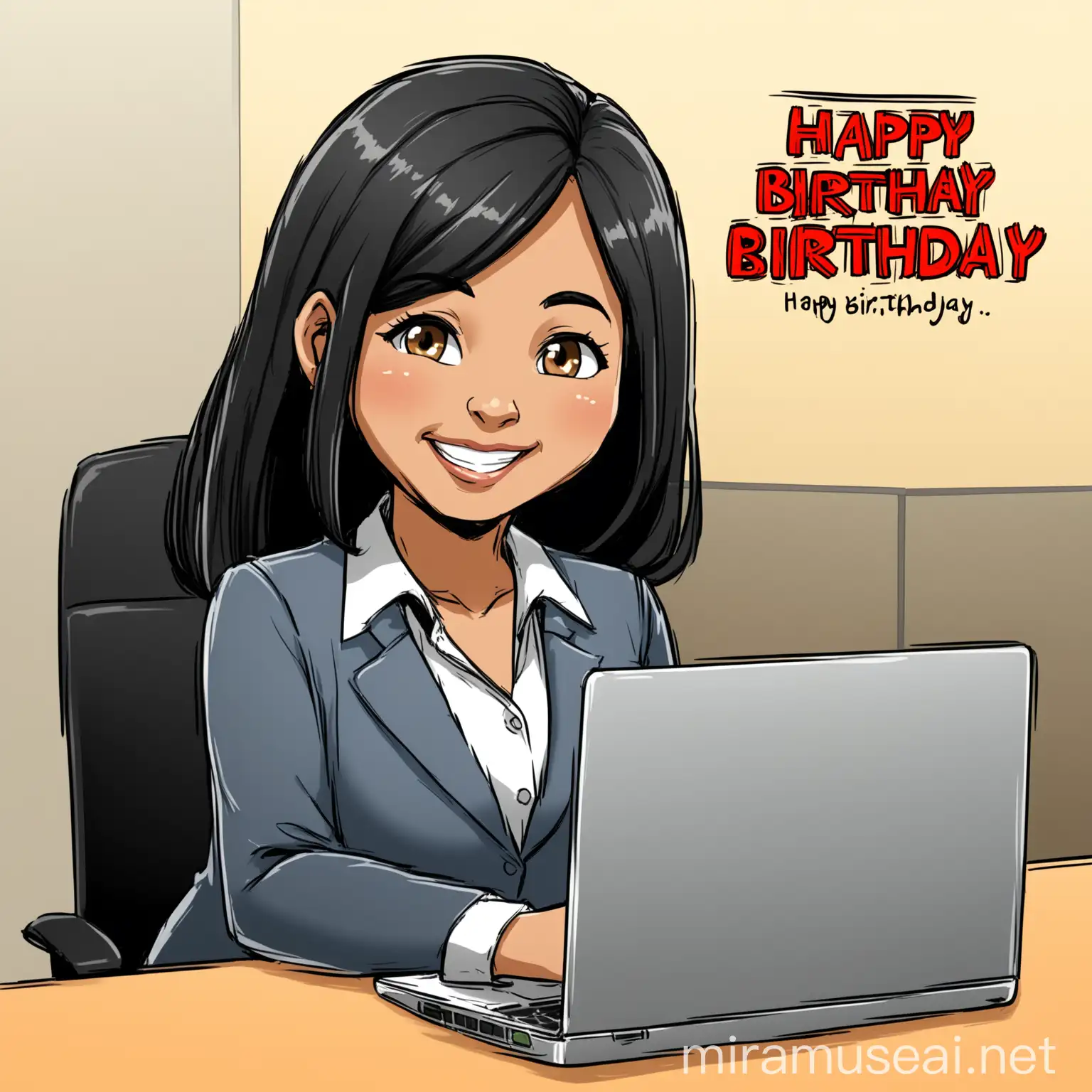 Filipino MiddleAged Woman Working in Happy Birthday Office Cartoon