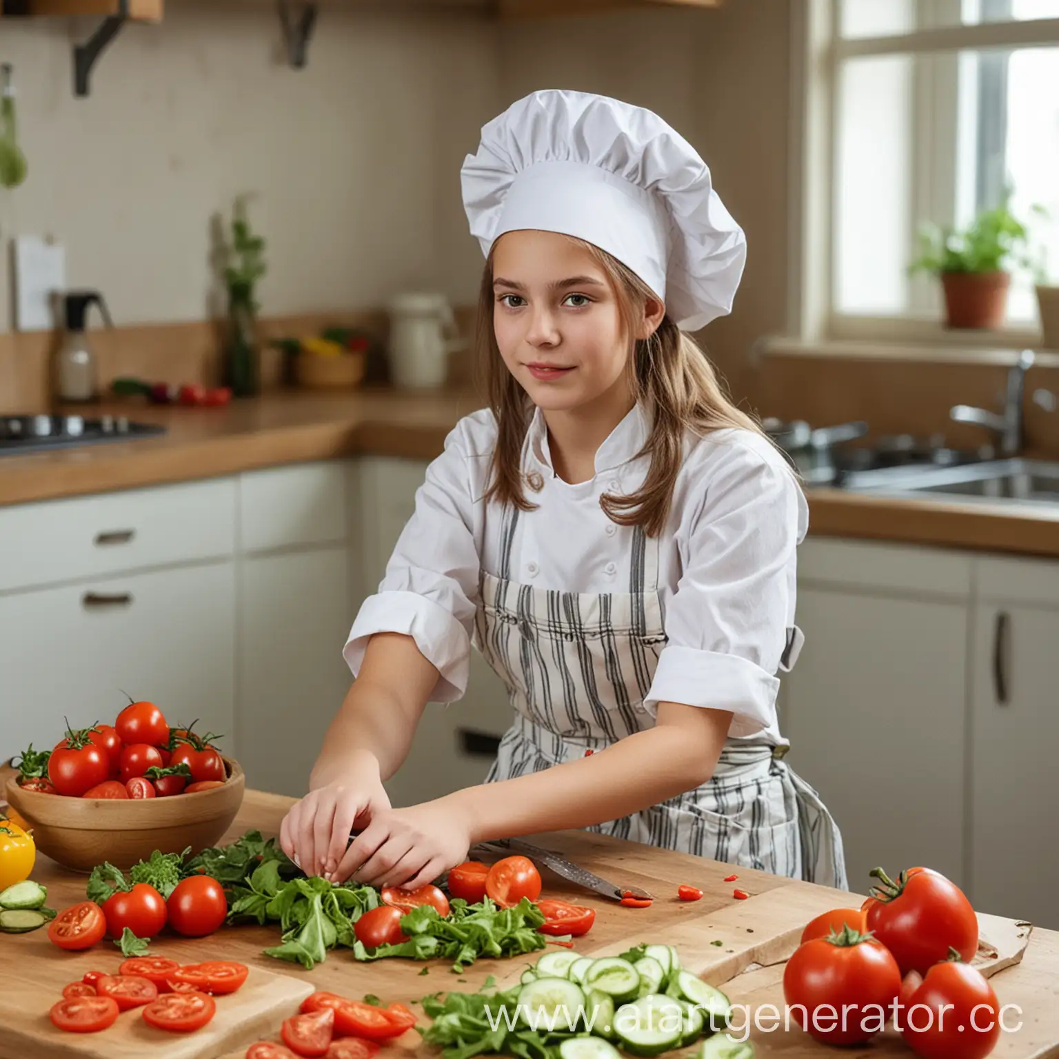 Реальная фотография.  Девочка 15 лет, в фартуке , с поварским колпаком на голове, сидит за кухонным столом и режет салат. На столе лежат помидоры, огурцы, перец. 