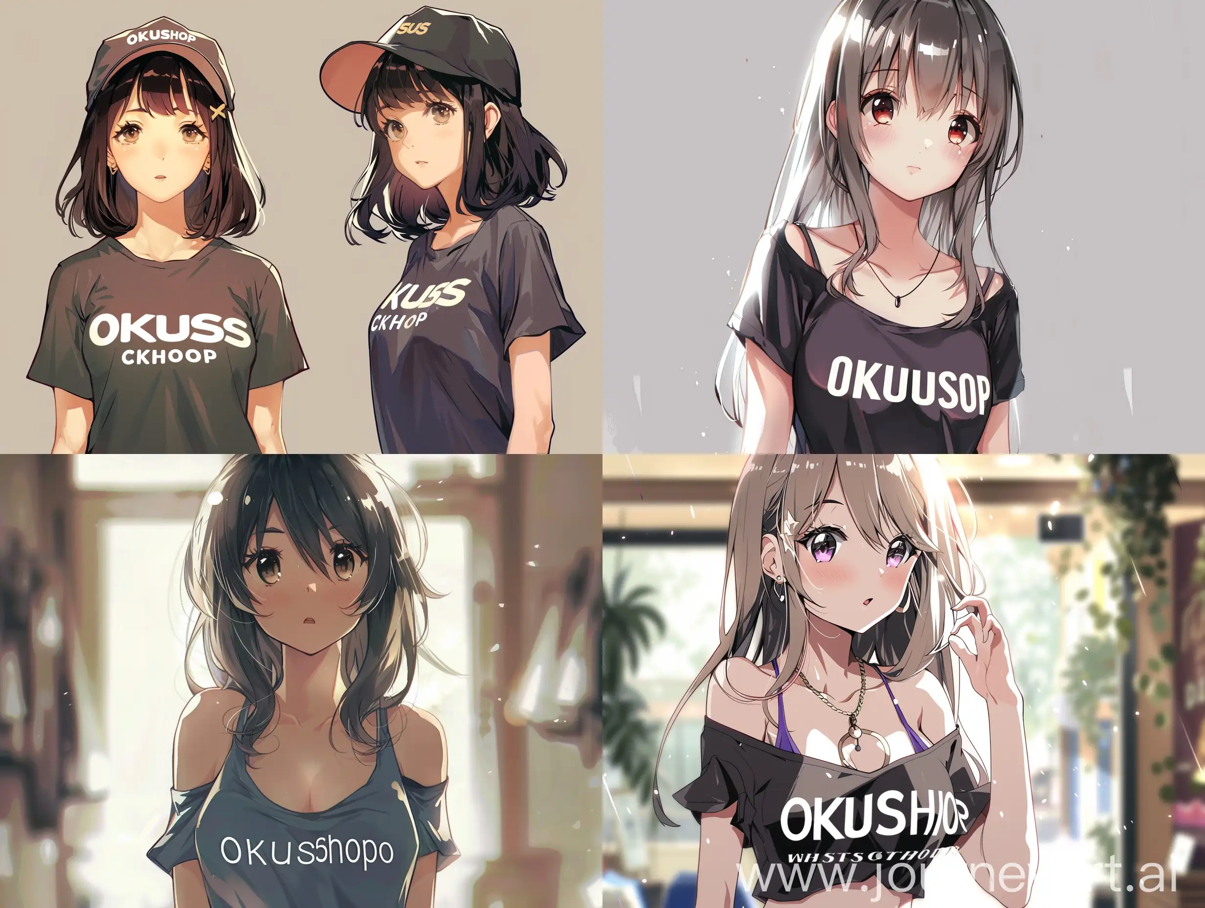 Красивая аниме девушка в модной майке, а надпись на майке OkusShop
