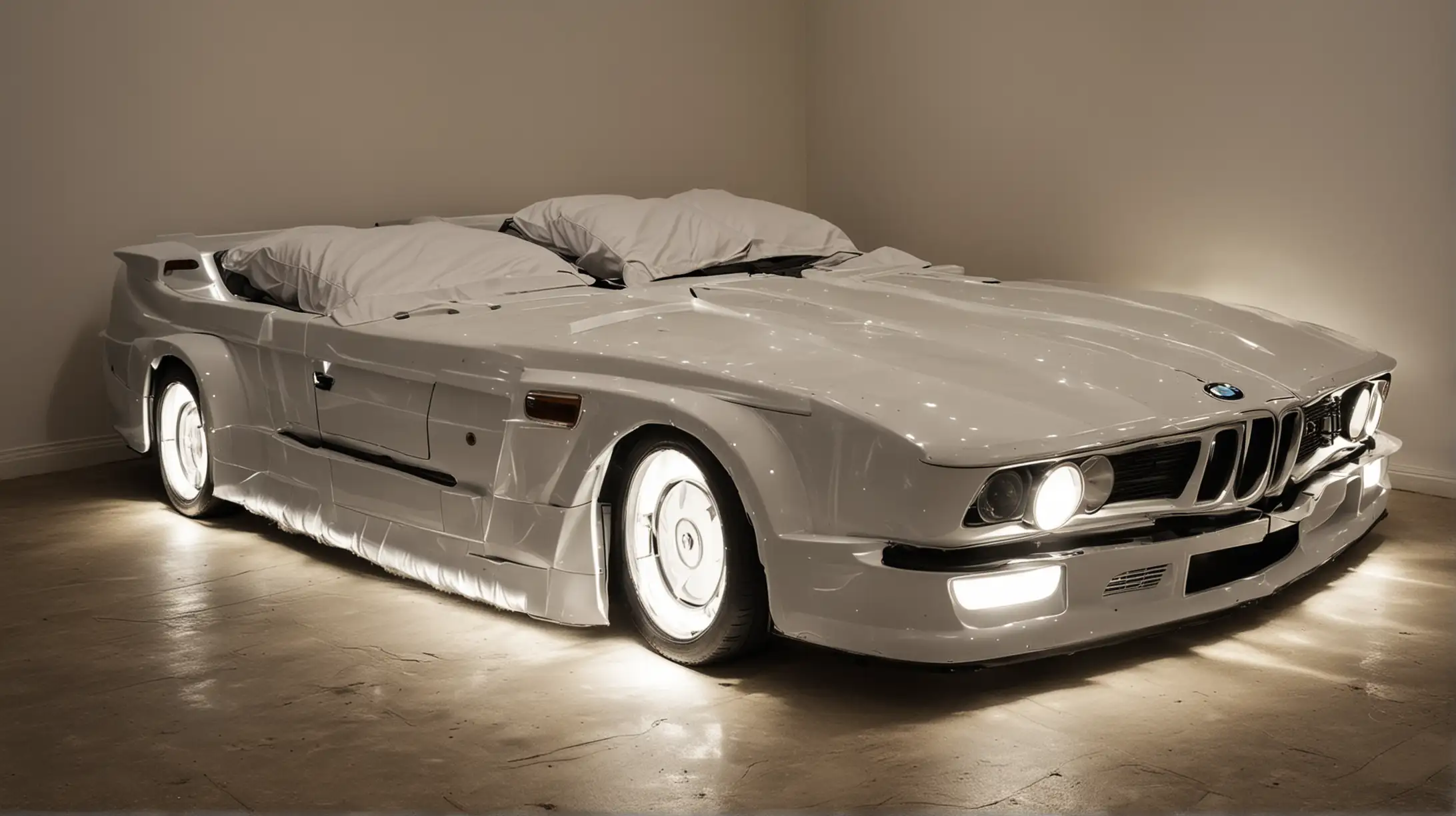Двухспальная кровать в форме автомобиля БМВ с включенными фарами