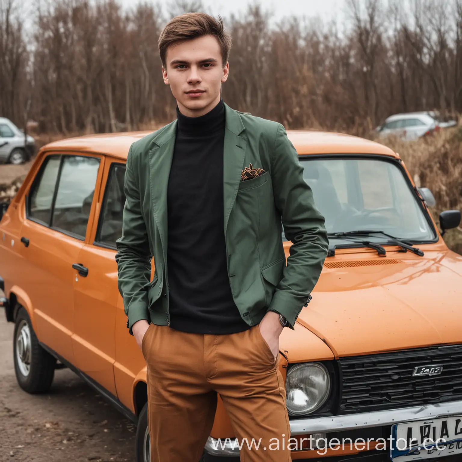 Stylish-Young-Man-with-Lada-Car-in-Fashionable-Setting