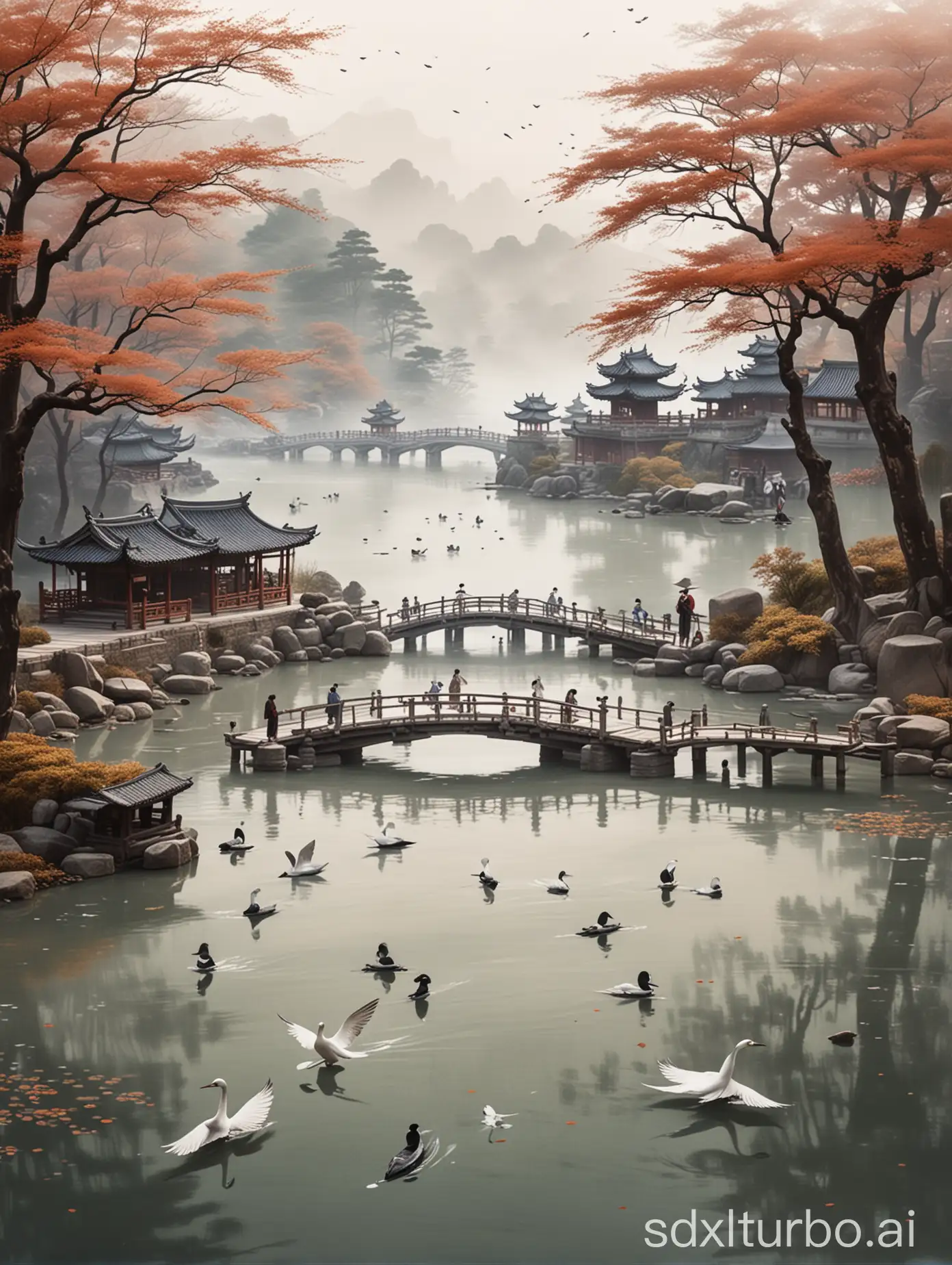  An illustration of calligraphy paper floating on a river surface with characters written in traditional script and white space for decoration, surrounded by ancient pavilions, small bridges, waterfowl flying around, people dressed in Hanfu walking along it, with ink wash painting effects and a misty background. The scene is rendered in the style of C4D OC renderer