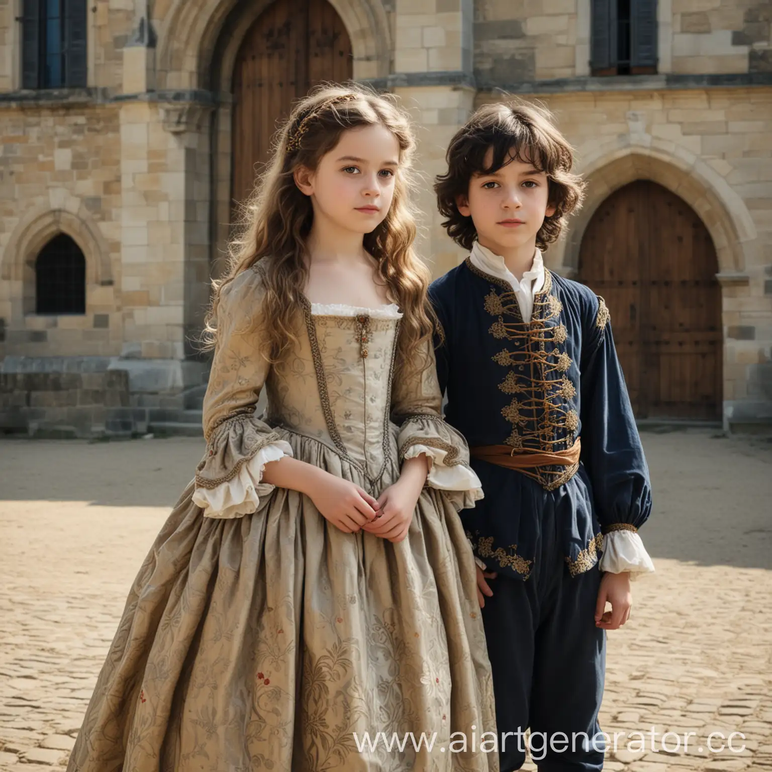 Молодая девушка со светлыми, длинными волнистыми волосами в платье 16 века Франции стоит рядом с молодым темноволосым парнем с волнистыми волосами в одежде 16 века Франции. Рядом с ними находится большой замок 