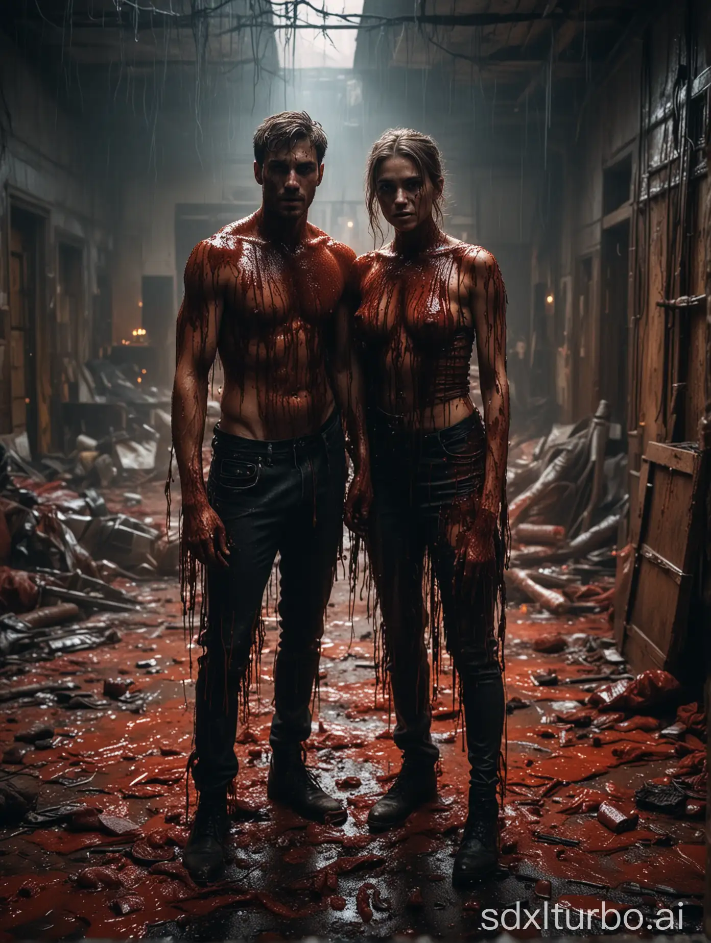 A photograph of a beautiful couple in a bloody mess, intricate details, realistic textures, dramatic lightingphoto, intricate layers summoning an ominous ambiance, epic narrative unfolding in every vibrant detail, Depth Of Field, Raw photography