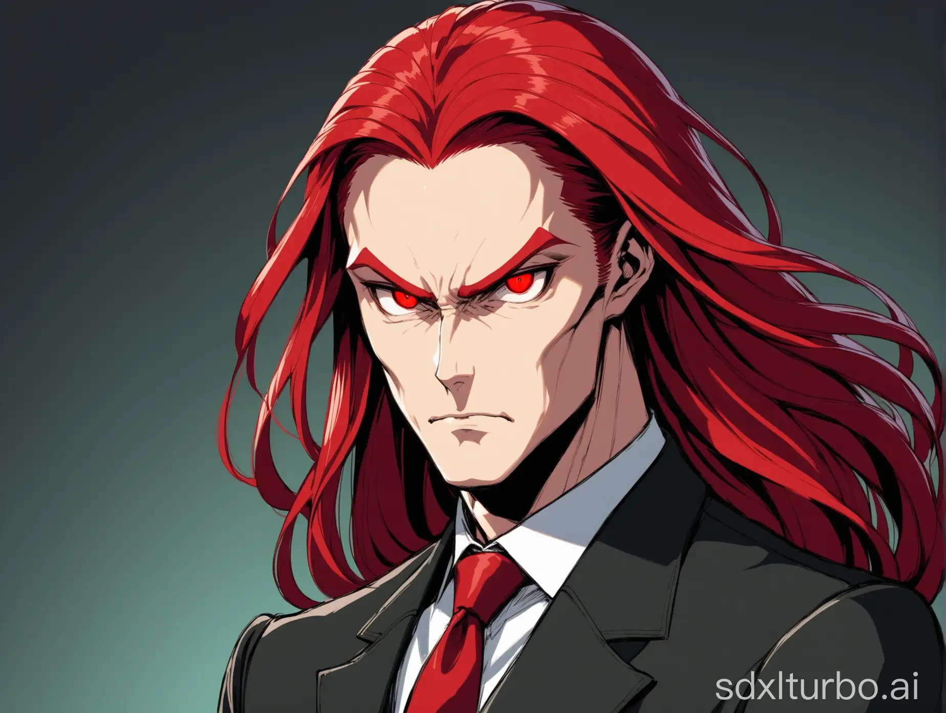 A man 40 years old, red hair down to the shoulders, wavy hair, muing, large cheekbones, very narrow eyes, narrow eyes, villain, in a black suit with a tie, thick red eyebrows, long hair, smooth forehead, elongated face, long face, luxurious hair, evil eyes, eyes slanted inward, stern look, glance from under the brow, wide cheekbones, very small eyes, serpentine gaze