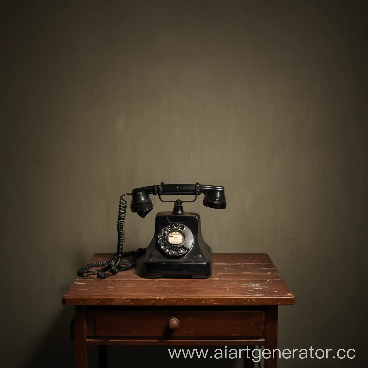 old telephone on a table in the center of a dark room