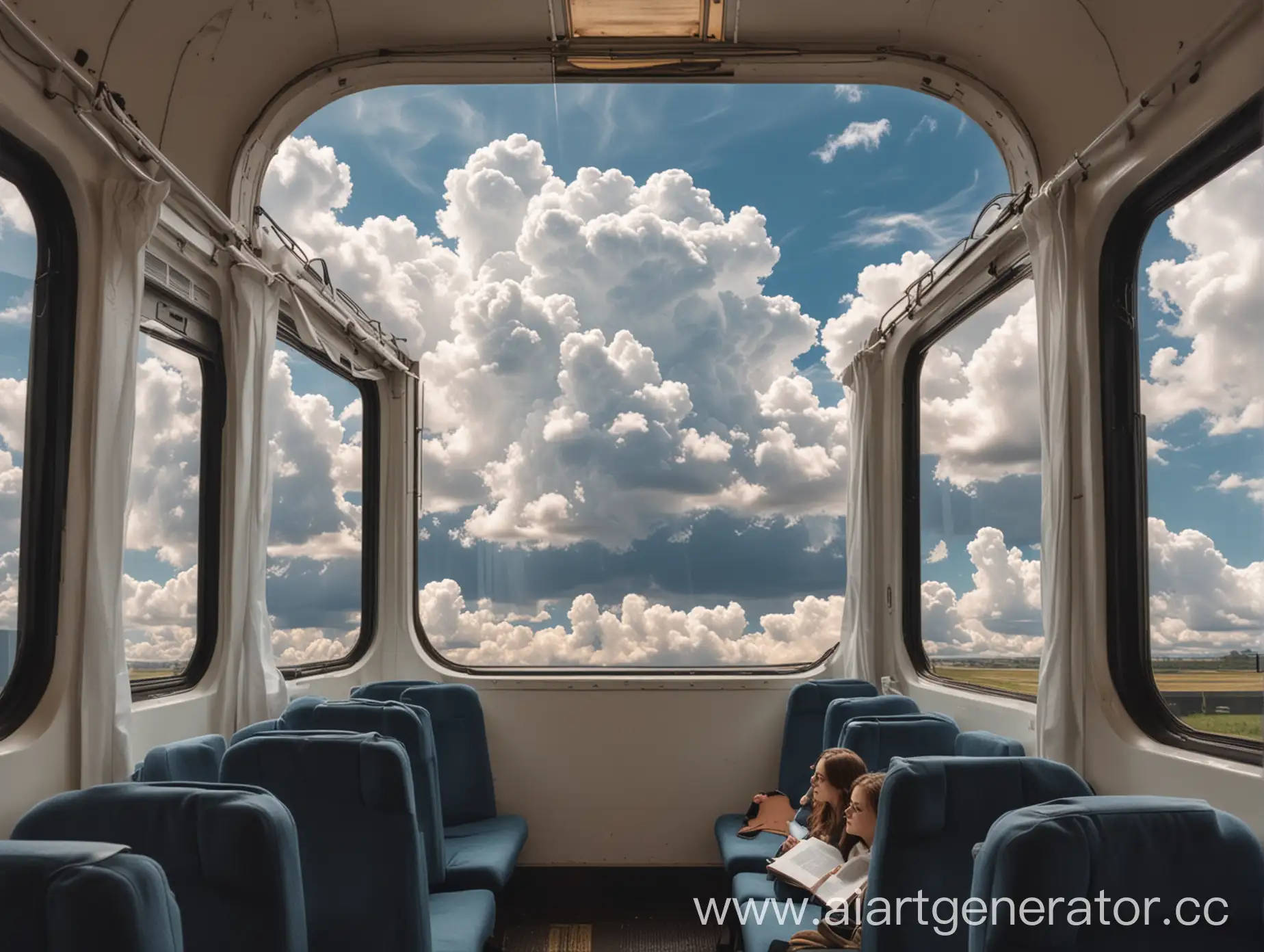 A train in which graduate students are sitting against the background of a window, joyful and with thoughts in the form of clouds above their heads (but the clouds are empty)