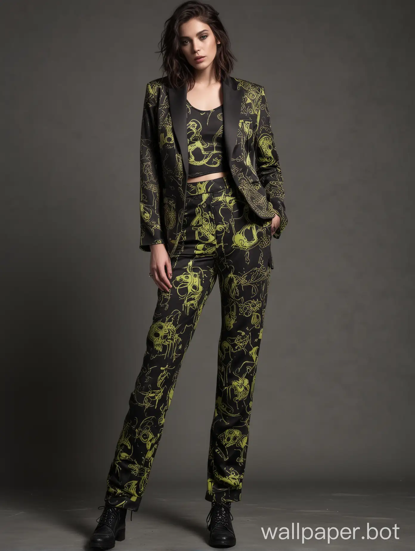 "Midjourney" fashion design toxic demon print chinos and firecore smoking jacket