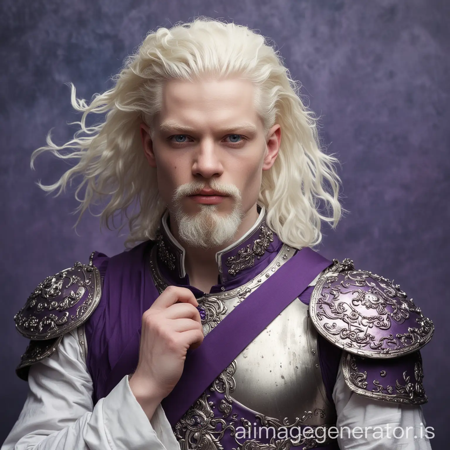real photo. Real and natural image. albino. Close up photo. A 30 yearold young man. He puffs . He has semi-long hair. a white Indian man. white hair, violet eyes and beard. He has an ancient violet belt. A strong man with strong arms. Tall boy. violet Armor. violet metal. A glorious man who held the violet scepter with his strong hand. love and enthusiasm violet dress. Blue Clouds background. Wind blowing and storm behind him.