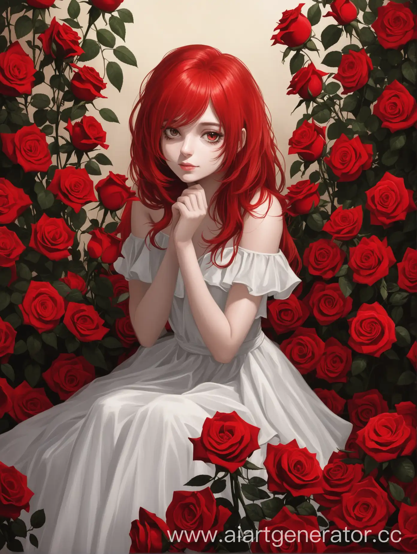 девушка с красными волосами сидит в красных розах