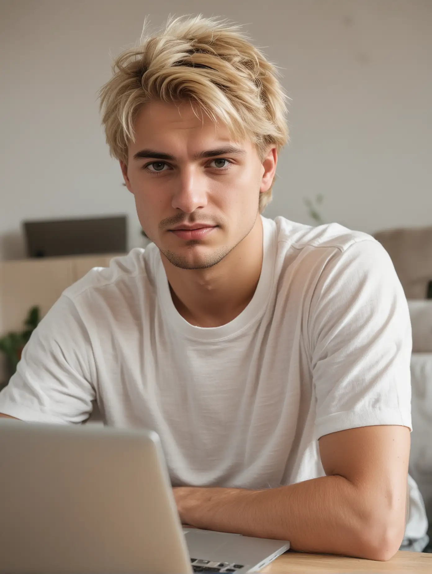 Young Caucasian Man Working on Laptop in Living Room