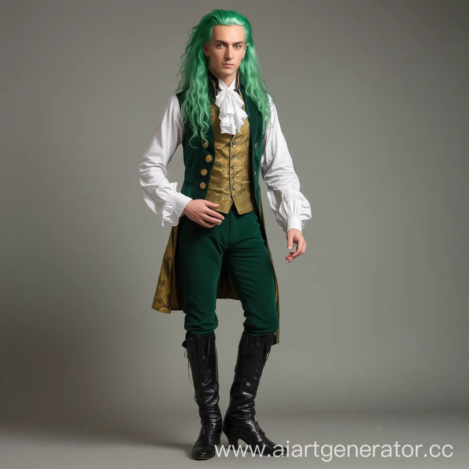Высокий мужчина с длинными зелёными волосами и шестью зелёными крыльями в чёрно-зелёно-золотом камзоле восемнадцатого века и чёрных туфлях на каблуке с зелёной подошвой и нифритова-зелёными глазами