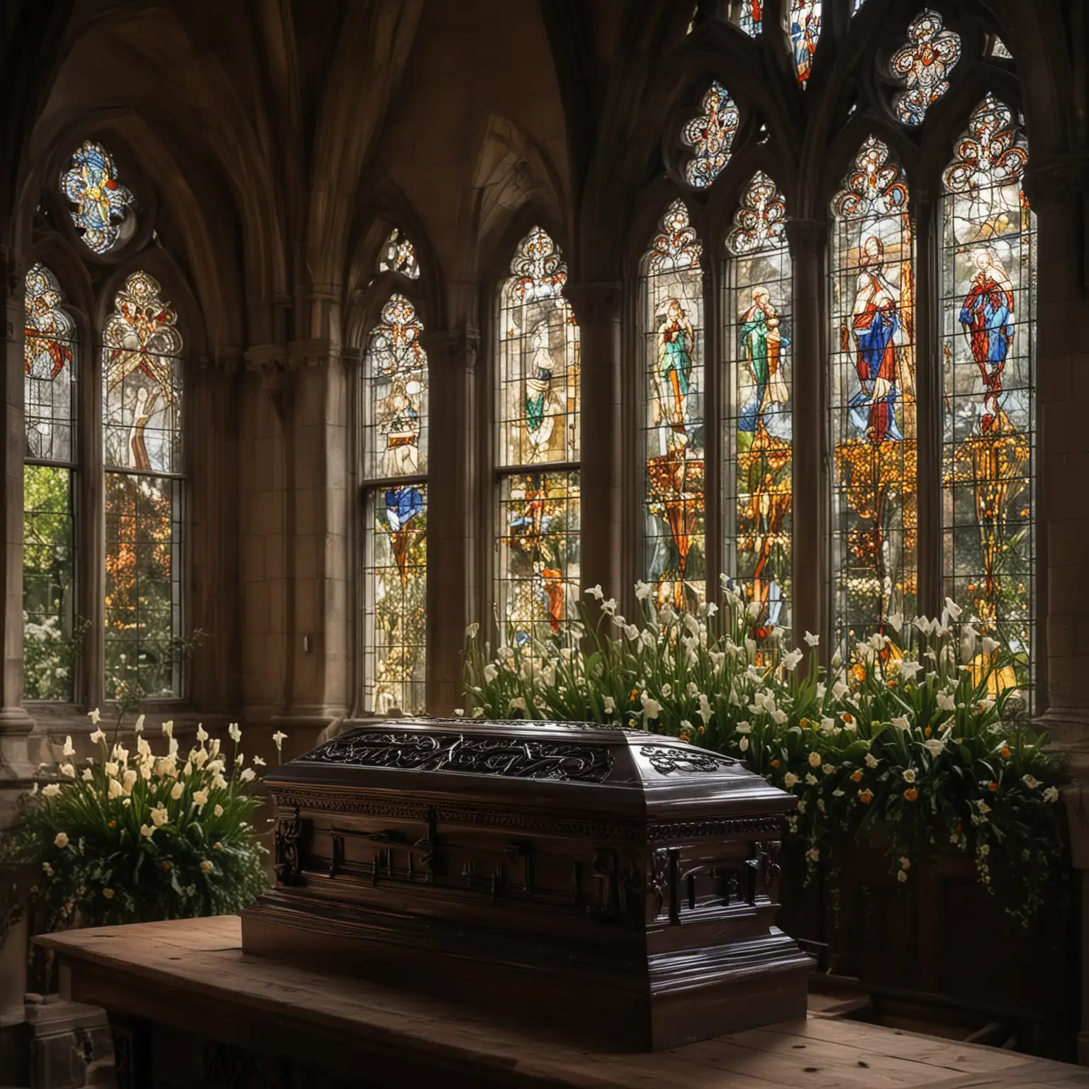 one source of light gothic beautiful church, in the foreground stands a dark beautiful coffin, on the coffin lies a few sprigs of lilies, in the background high oak windows with stained glass windows, bokeh background
