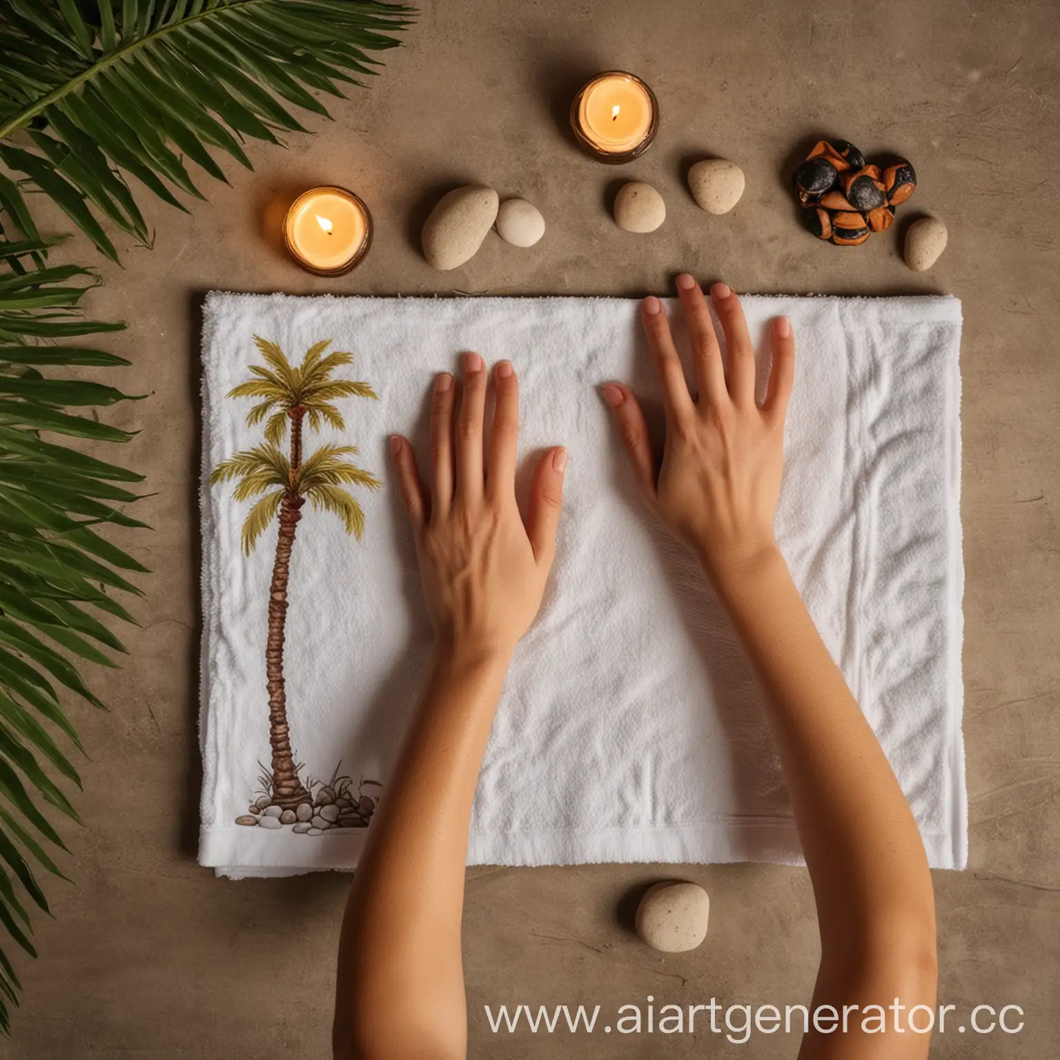 спа процедура для рук, в кадре одна рука, атрибутика свечи и полотенце, камни, пальмы