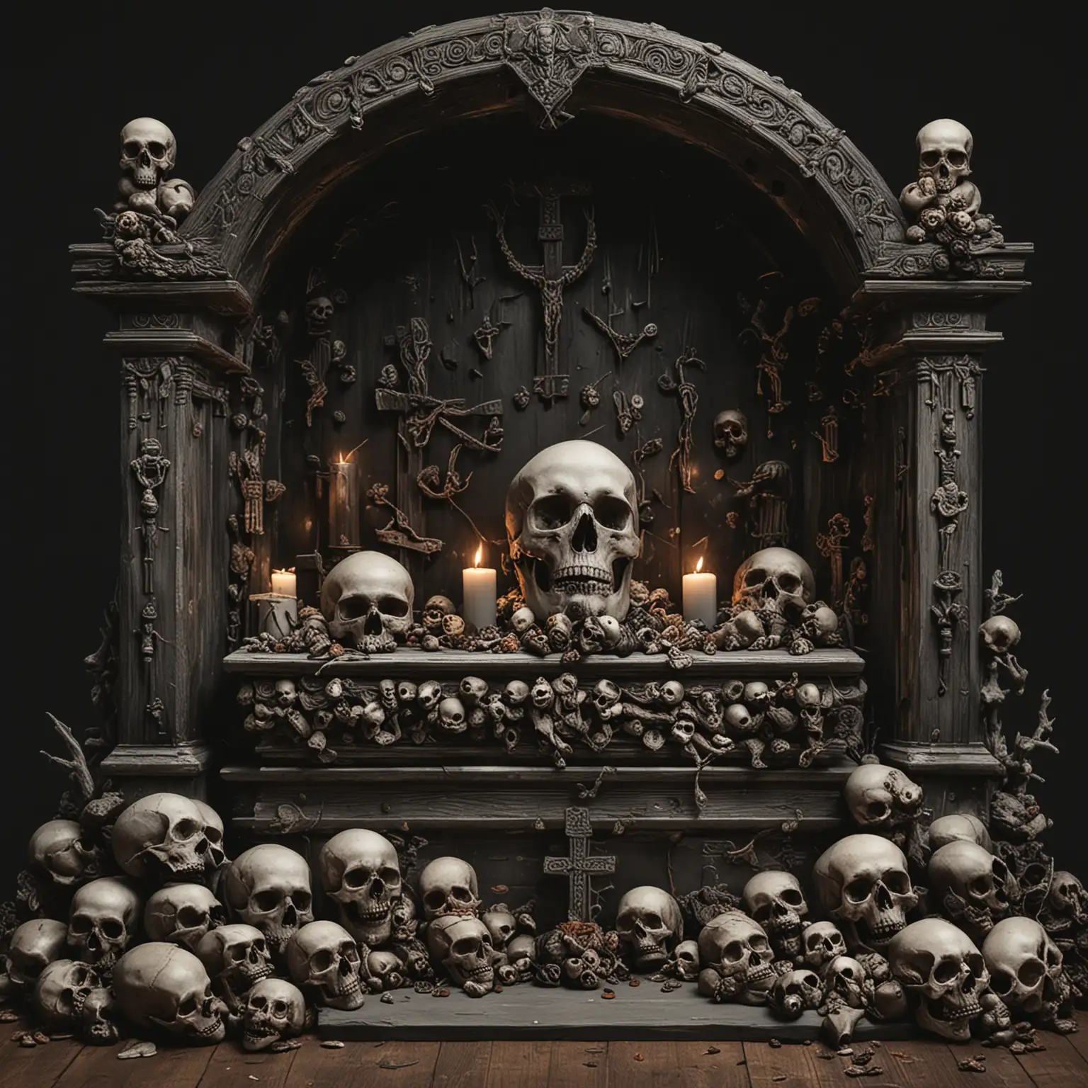 an alter with skulls and no background

