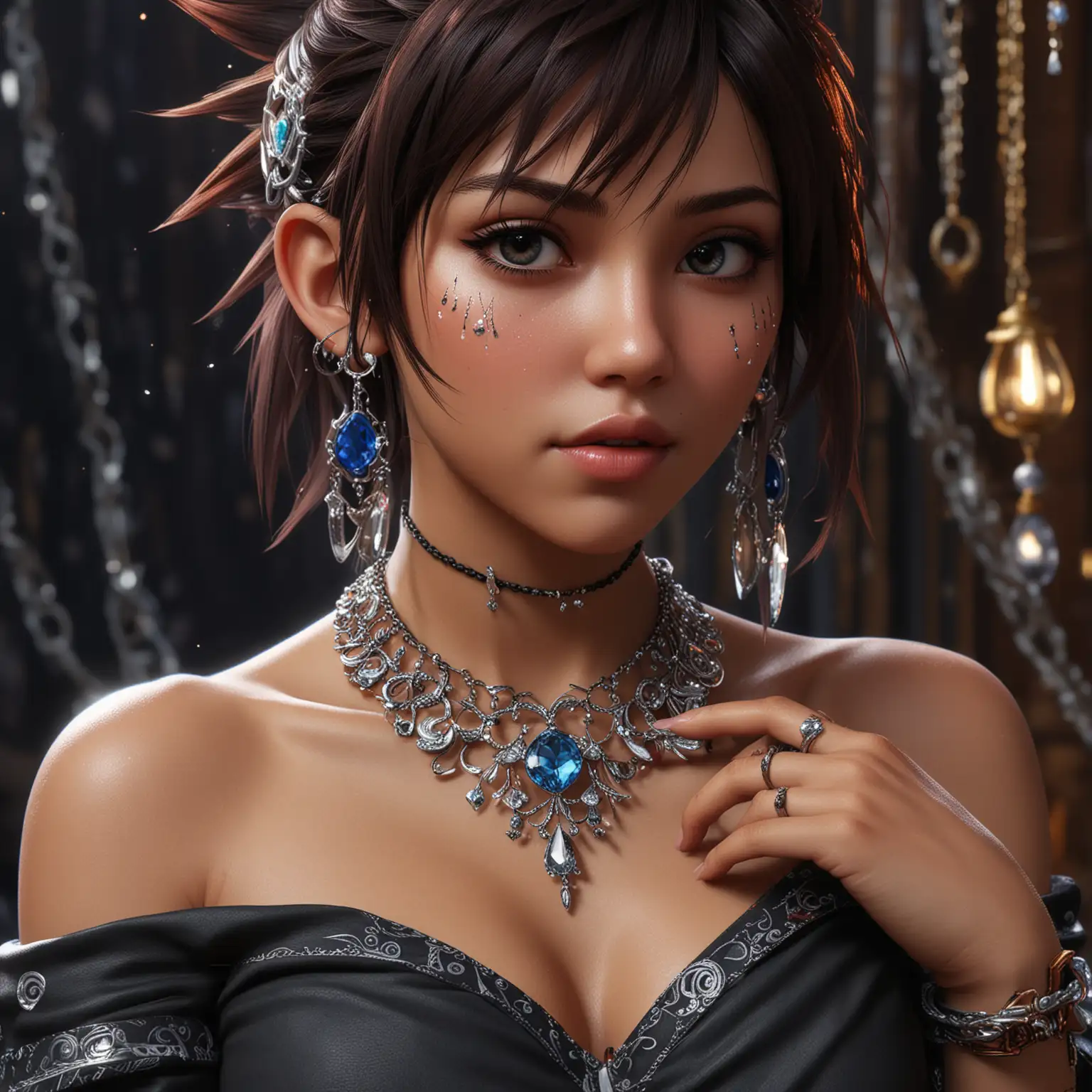 Embark on an extraordinary journey through the Kingdom Hearts 3D universe with this captivating wallpaper, a harmonious blend of imagination and wonder.Diamond Jewelry,  Necklace, Rings and earrings. Aboriginal woman painterly smooth, extremely sharp detail, finely tuned, 8 k, ultra sharp focus, illustration, illustration, art by Ayami Kojima Beautiful Thick Sexy women 