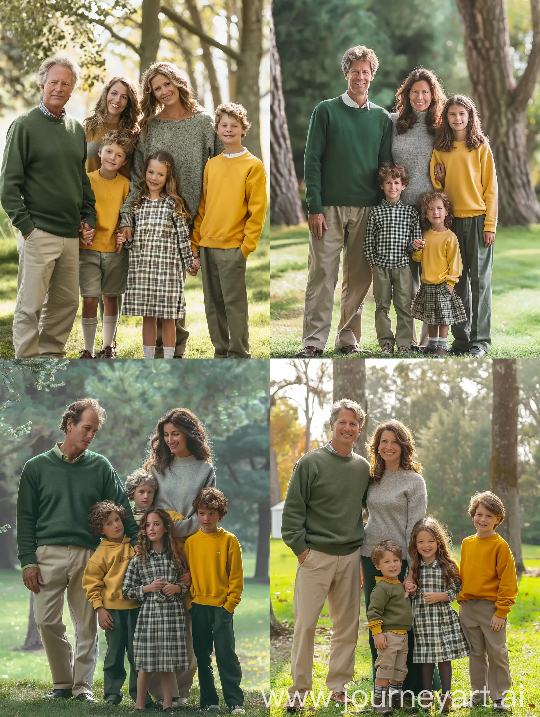A colored family photo featuring a five-member family in a park. The father, dressed in a green sweater and khaki pants, stands on the left side of the image with his hand on the younger son's shoulder. The mother, with wavy hair and a gray sweater, stands beside the father with a warm smile on her face. The two younger sons, one in a yellow sweatshirt and the other in a checkered shirt, stand in front of the parents, holding each other's hands. The youngest daughter, with long hair and a checkered dress, stands in the center of the image, holding her brother's hand. Tall trees and green grass in the park provide a beautiful and serene background. The soft sunlight filtering through the trees adds a warm and pleasant touch to the picture. This photo beautifully captures the sense of closeness, affection, and family joy. High resolution, highly detailed, detailed facial features: 5, beautiful, photographed by Steve McCurry, DSLR camera, 55MM lens, realistic photography, vibrant colors, 3:4, V6.