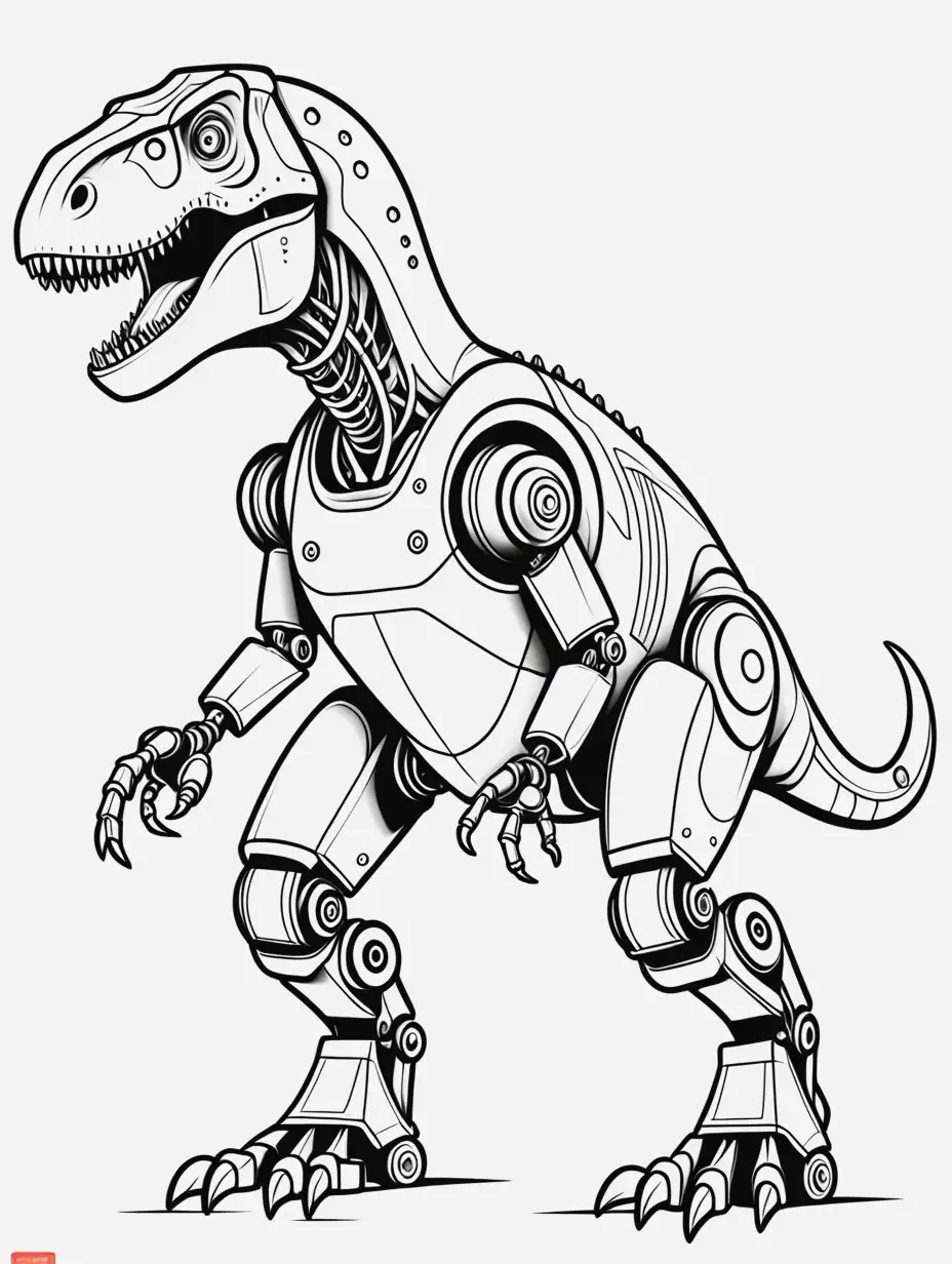 Robot TRex Coloring Page for Kids Black and White Dinosaur Illustration