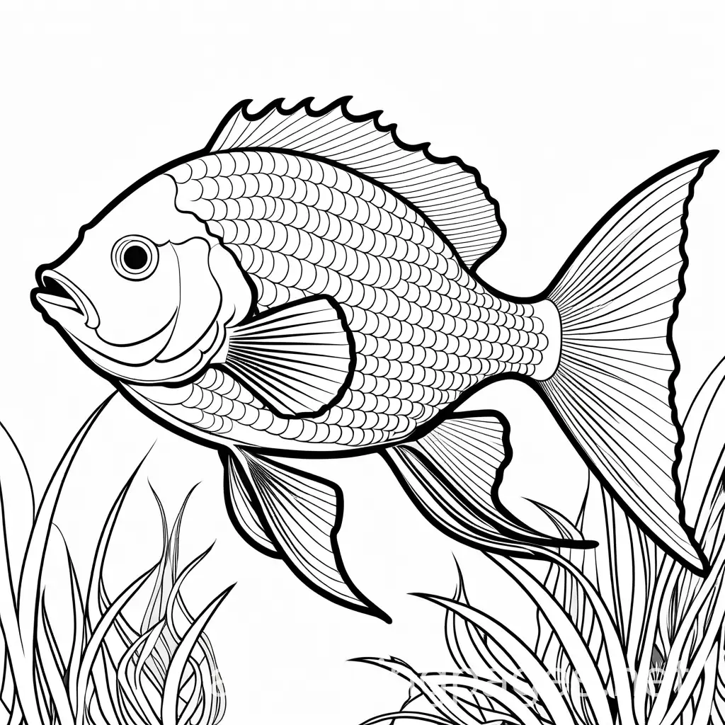FISH, Coloring Page, black and white, line art, white background, Simplicity, Ample White Space. The background of the coloring page is plain white to make it easy for young children to color within the lines. The outlines of all the subjects are easy to distinguish, making it simple for kids to color without too much difficulty