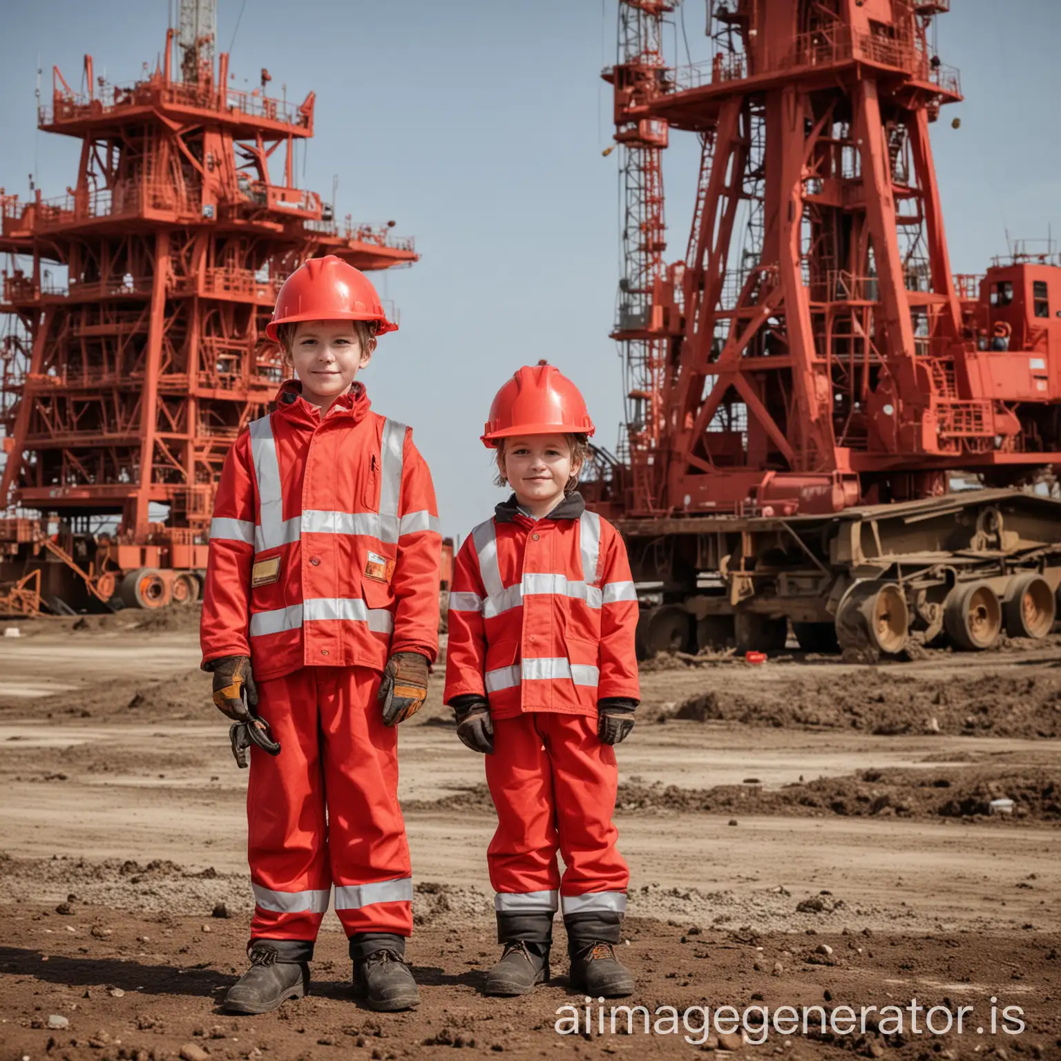 kids Workers wearing safety gear, the safety gear are red, near drilling rig

