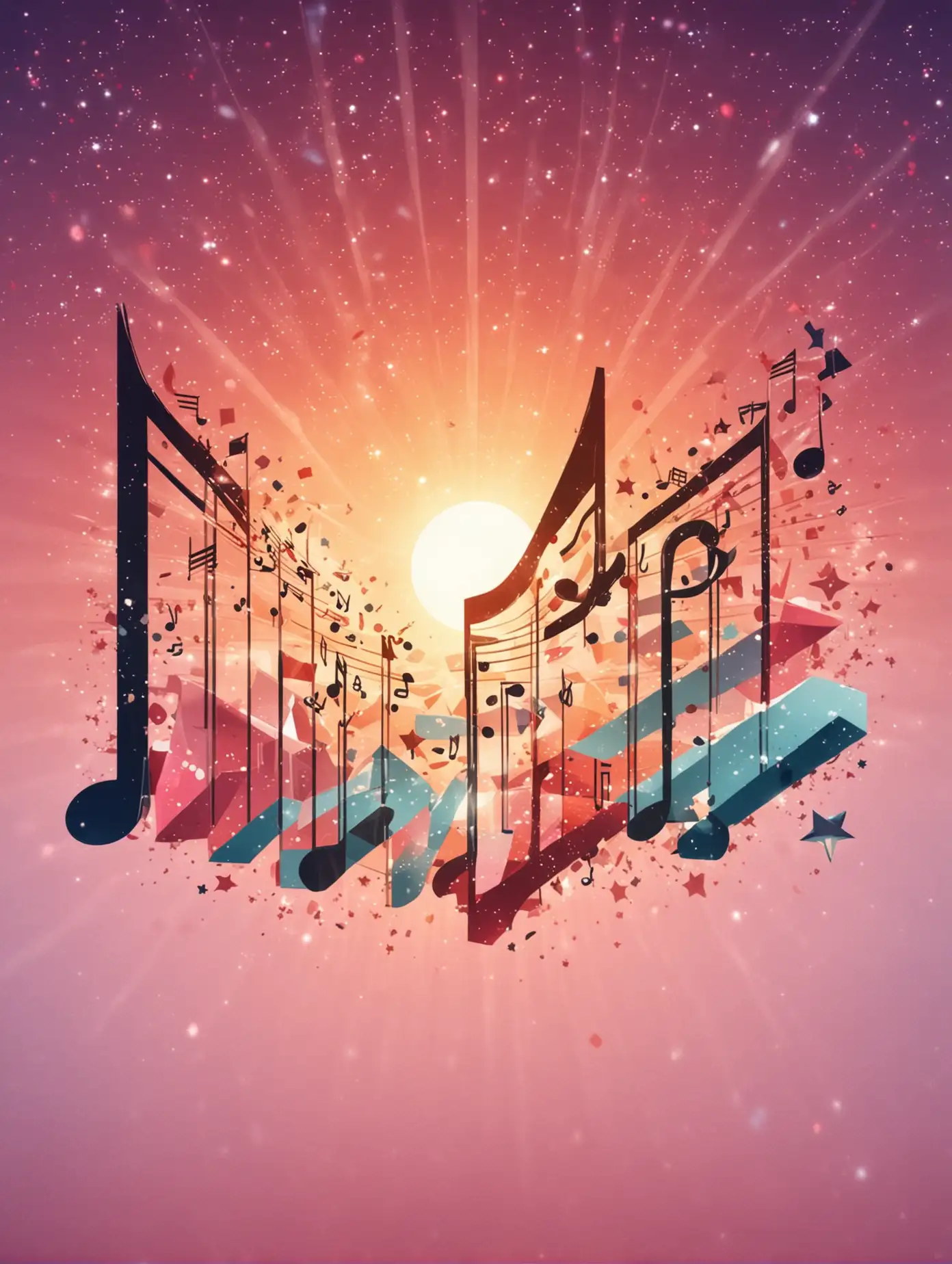 Musical Notes with Geometric Shapes on Staff in Dreamy Sunrise Background