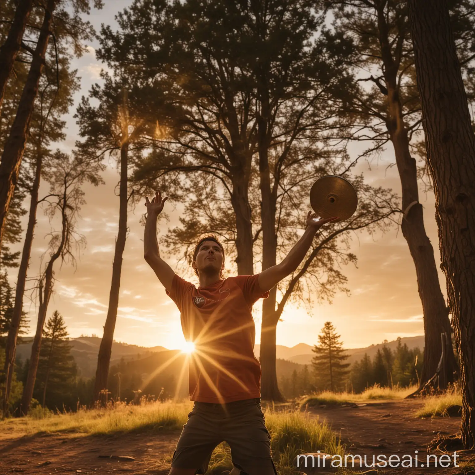 A dramatic and epic scene of a disc golf player mid-throw, captured in the moment of intense focus and power, with the player's face clearly visible, showing determination and concentration. The scene is set in a majestic landscape with towering ancient trees, rolling hills, and a stunning sunset casting a golden glow across the sky. The disc is flying through the air with trails of light, creating a sense of motion and energy. The atmosphere is electrifying, with a sense of adventure and triumph. It's a close up on the player and the face is visible