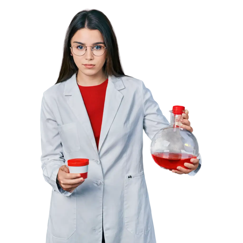 a chemist girl in a white coat with a flask in her hands, the liquid inside the flask is red