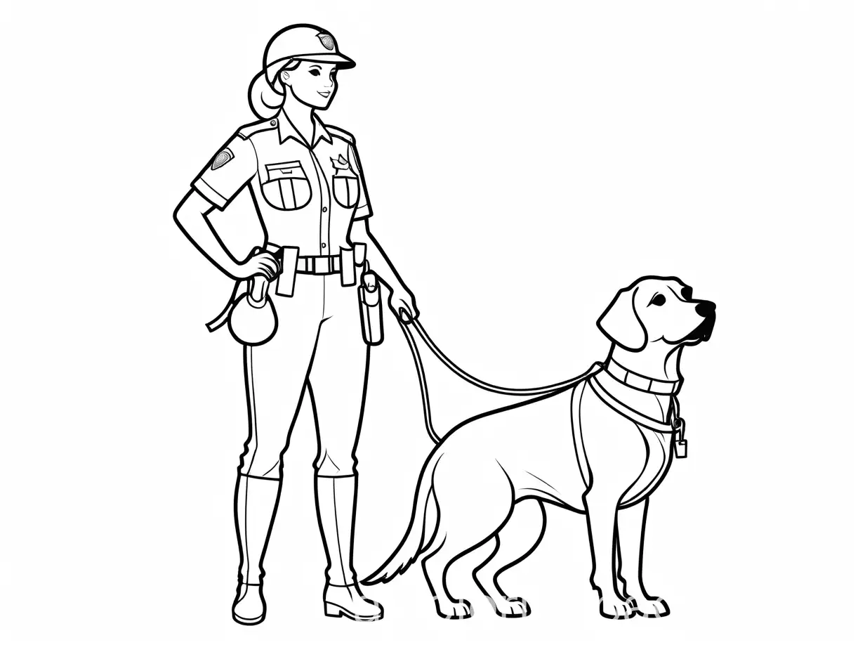 A police woman with her dog., Coloring Page, black and white, line art, white background, Simplicity, Ample White Space. The background of the coloring page is plain white to make it easy for young children to color within the lines. The outlines of all the subjects are easy to distinguish, making it simple for kids to color without too much difficulty