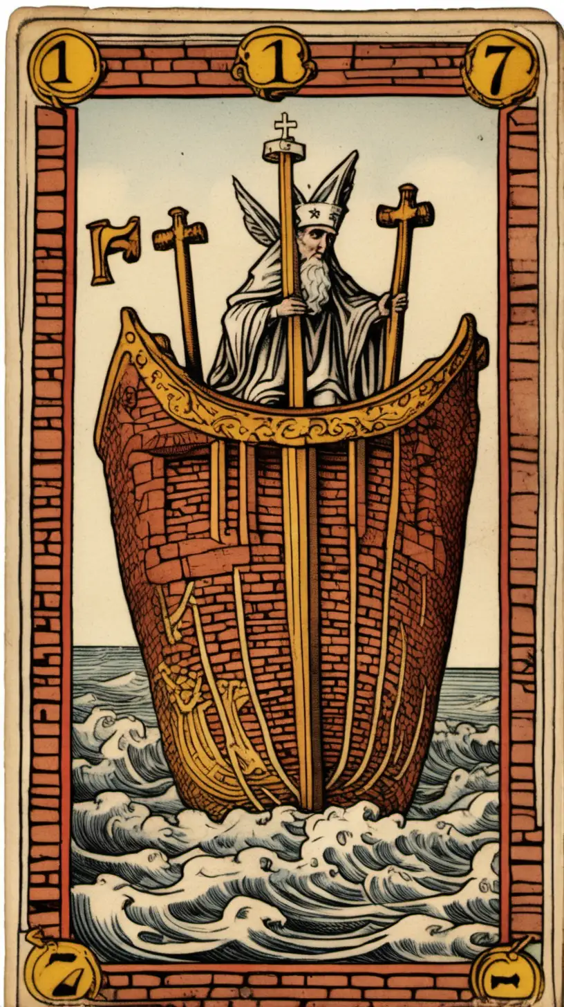 A Tarot card from the Marseille deck holding the number 7, depicts the Chariot with an elderly pope inside a four-column ship made of bricks, the ship's bow holds the head of a donkey as a carved wooden decoration, as waves in the sea form a spiraling trajectory.