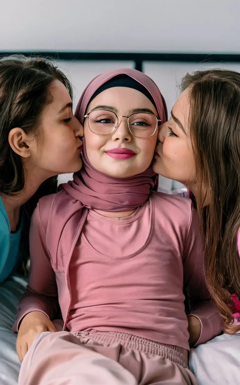 A most beautiful teenage girl.  17 years old. She wears a hijab, skinny shirt,
She is beautiful. She lie back on the bed.
petite, plump lips.  Elegant, pretty, pink lips, soft eyes, bony face, top view, glasses. Two other girls kiss the girl on cheek.
