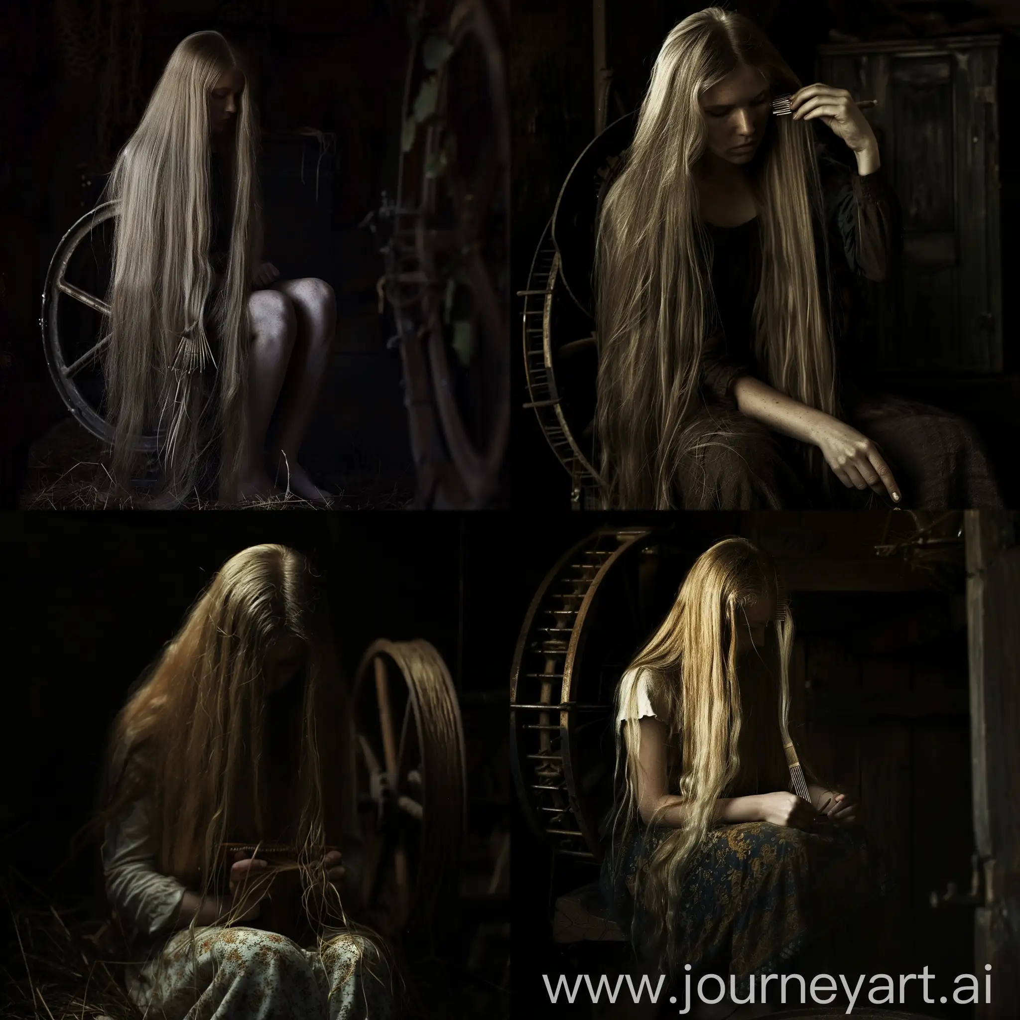 Девушка с длинными русыми волосами сидит в темноте и прядет свои волосы на старинной прялке.