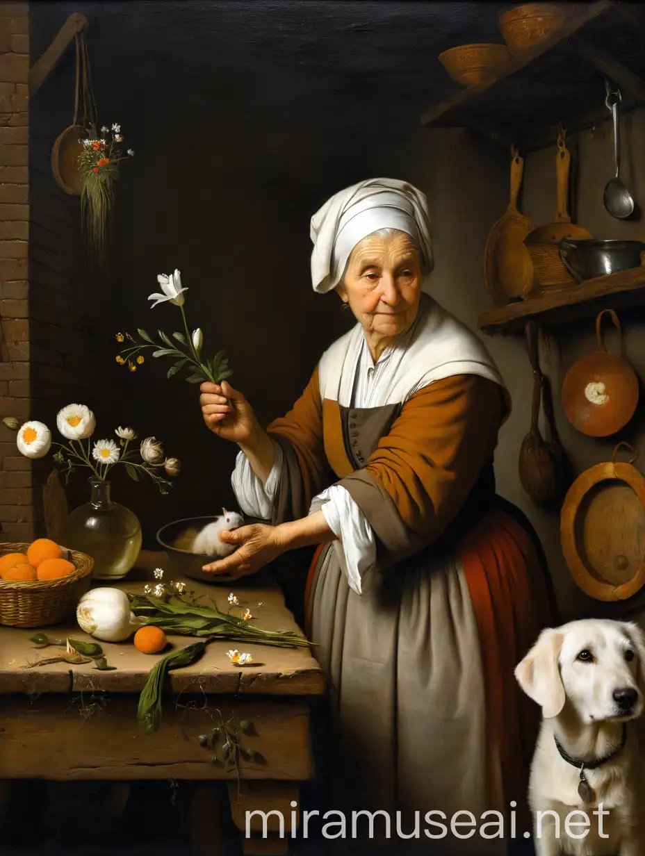 Old Woman Cooking with Rabbit Boy Holding Flowers and White Dog Detailed Scene in Oil on Canvas